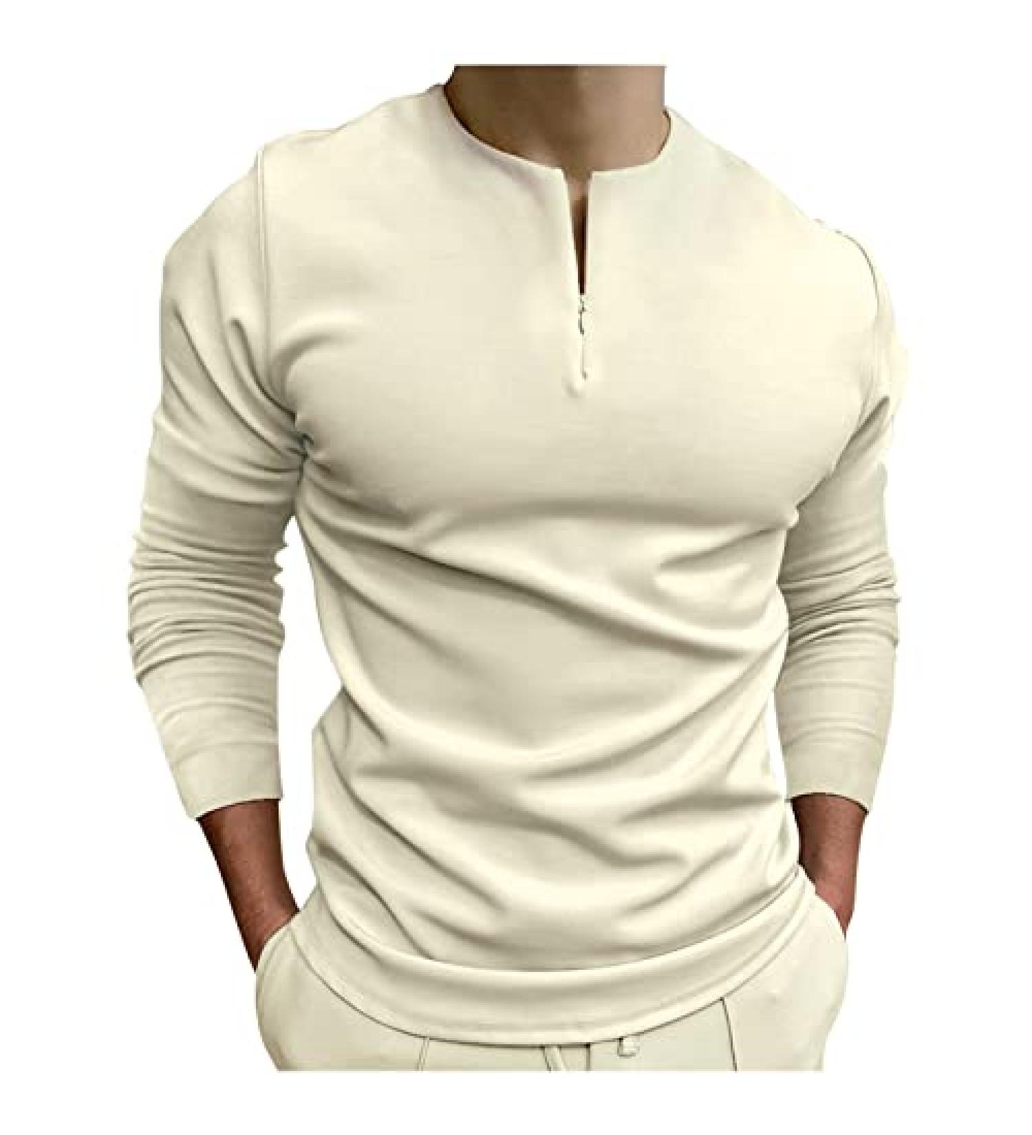 Men's Slim Fit Zipper Polo Shirt - Khaki | Fall/Summer Long Sleeve Business Casual Top - Buy Online on GoSupps.com