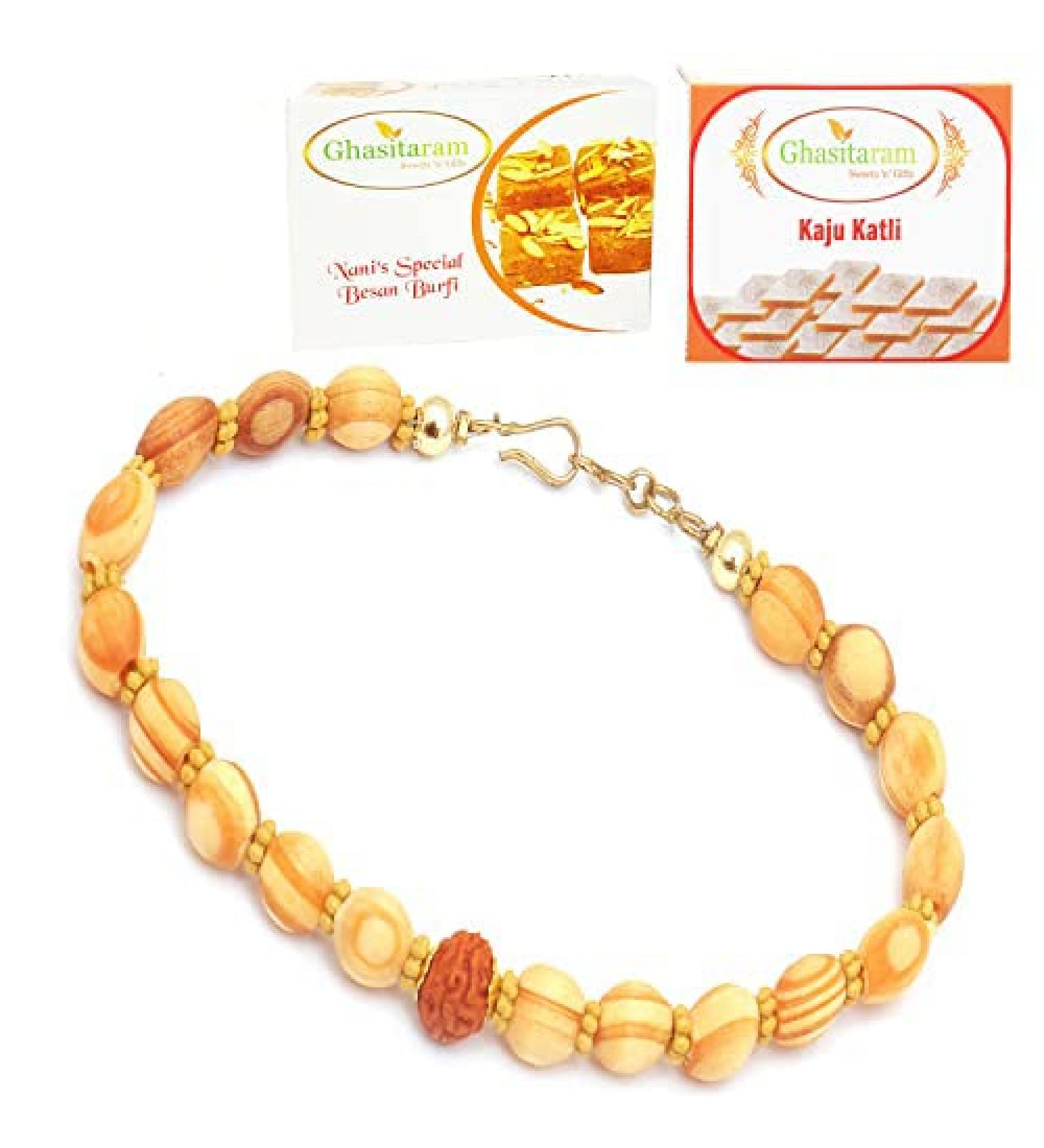 Ghasitaram Gifts Rakhi for Brother Rakhis Online - BB2104 - Bracelet Rakhi with 200 GMS of Besan Barfi and 200 GMS of Kaju Katli Rakhi Set with 200 gms of Besan Barfi & Kaju Katli - Buy Online on GoSupps.com