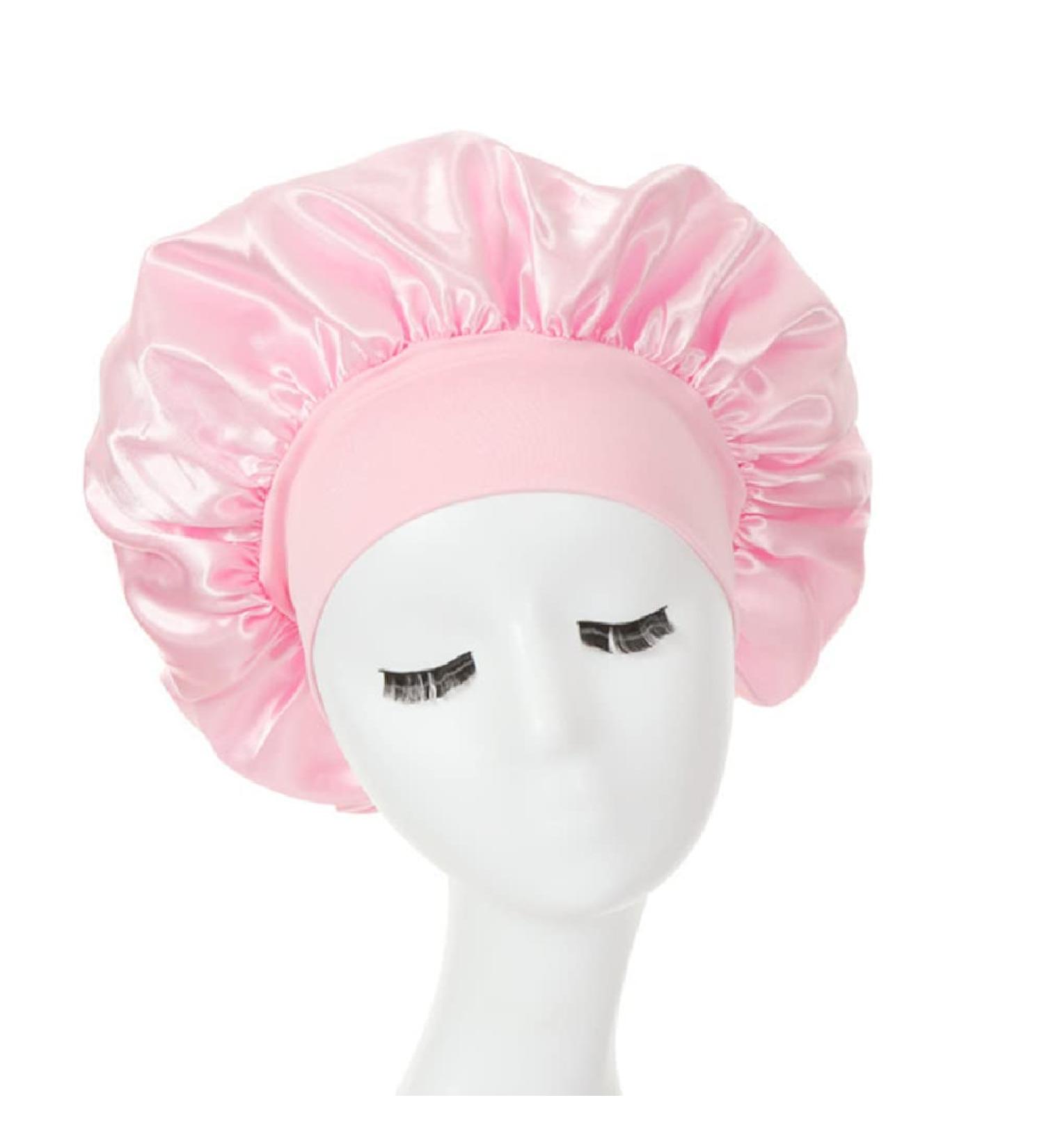 Silk Satin Hair Bonnet for Women | Wide Elastic Band Shower Cap for Night Sleep & Curly Hair Protection - Pink - Buy Online on GoSupps.com