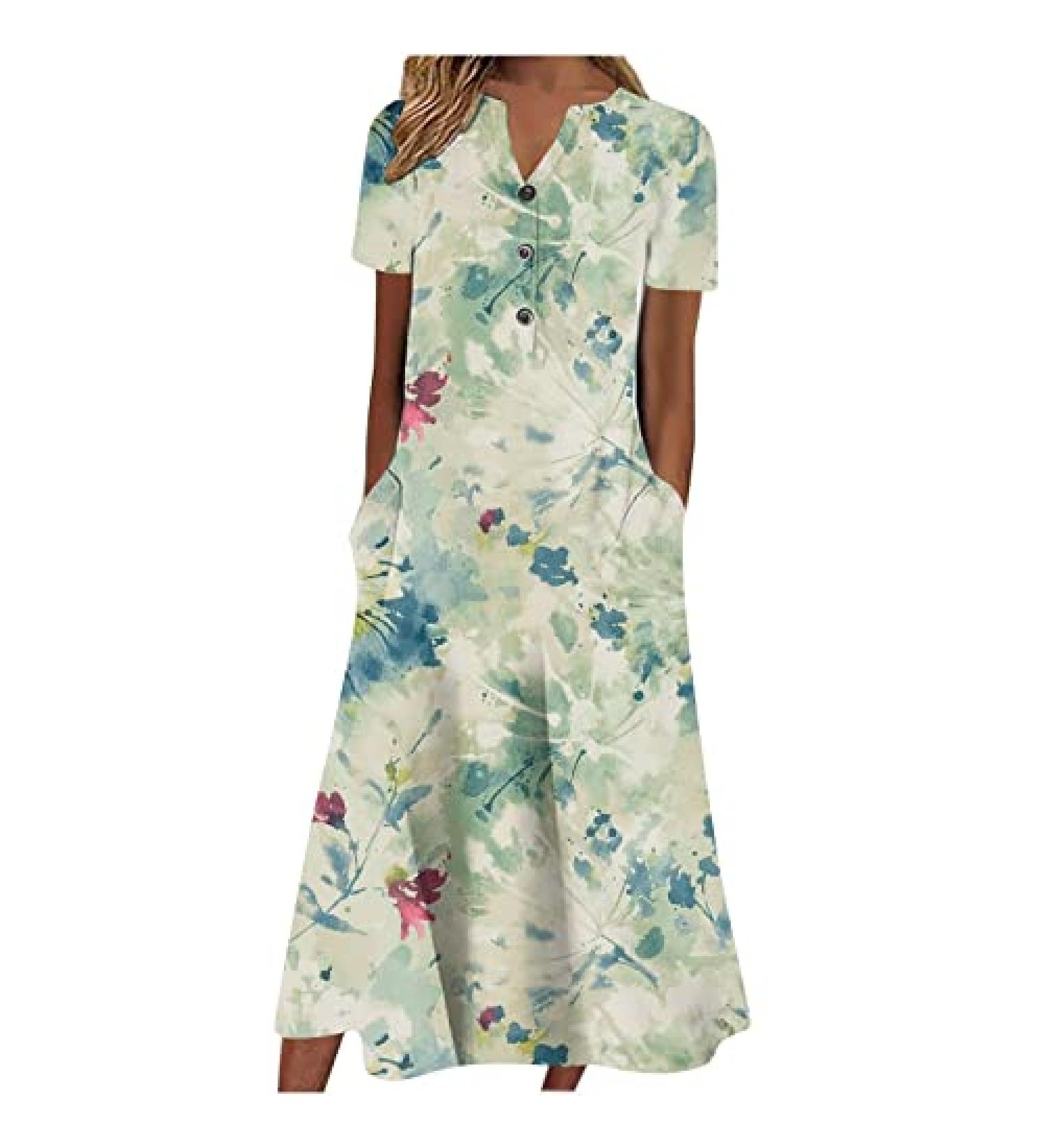 Gufesf Women's Floral Summer Casual Midi Dress | Short Sleeve Flowy Beach Party Sundress ATQZ-H-K Small - Buy Online on GoSupps.com