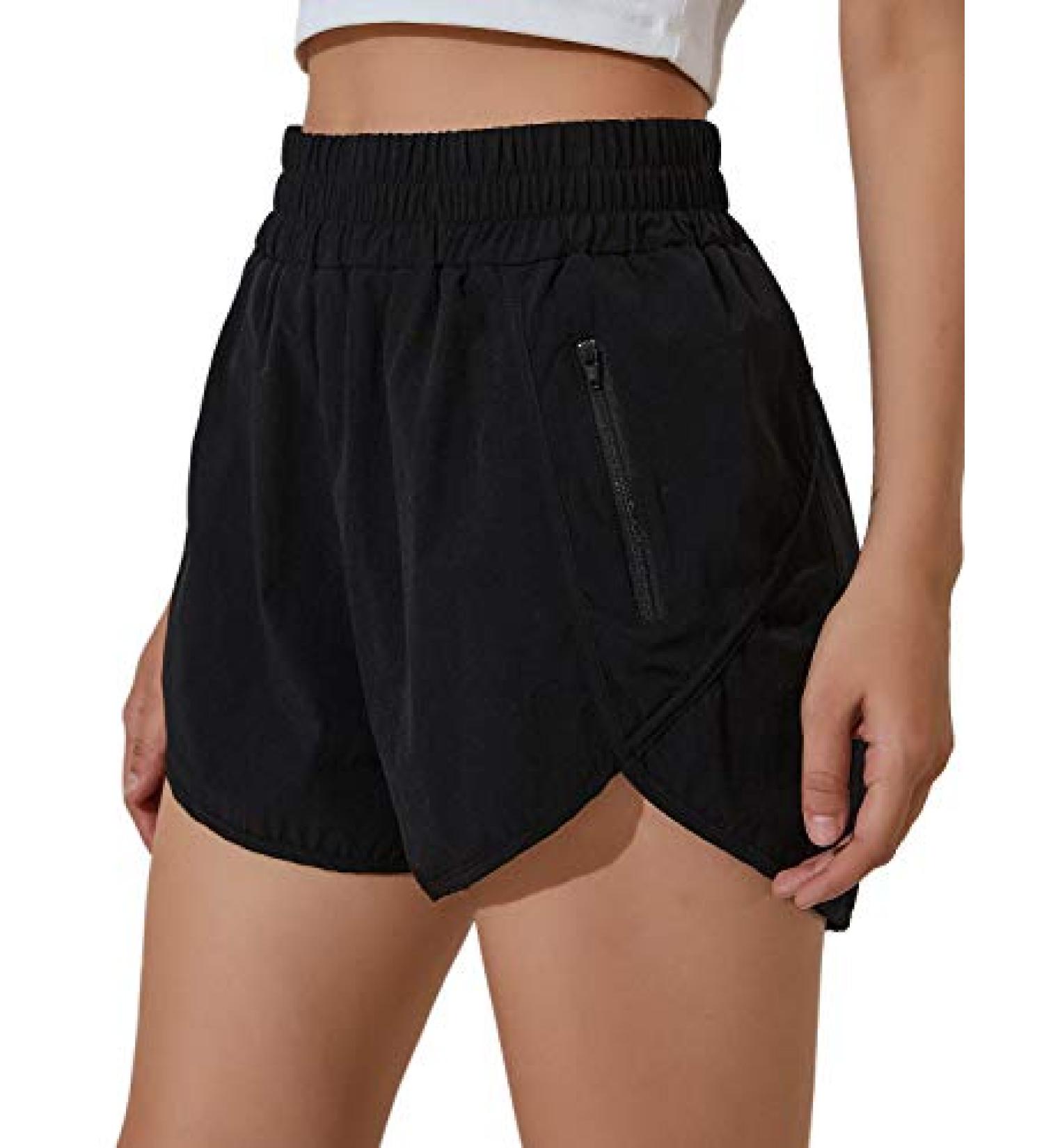 Blooming Jelly Women's High Waisted Running Shorts - Quick Dry Athletic Workout Pants with Zipper Pocket, Medium Black - Buy Online on GoSupps.com