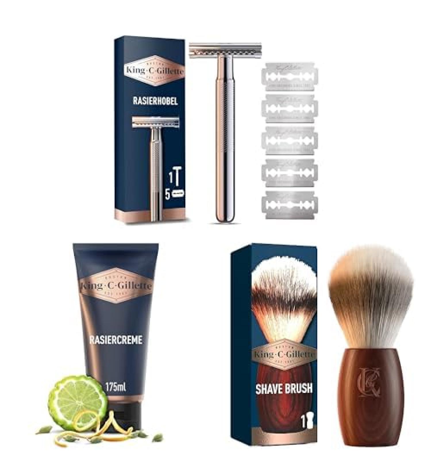 King C. Gillette Safety Razor + 5 Razor Blades + Original Shaving Cream + Shaving Brush Gift for Men