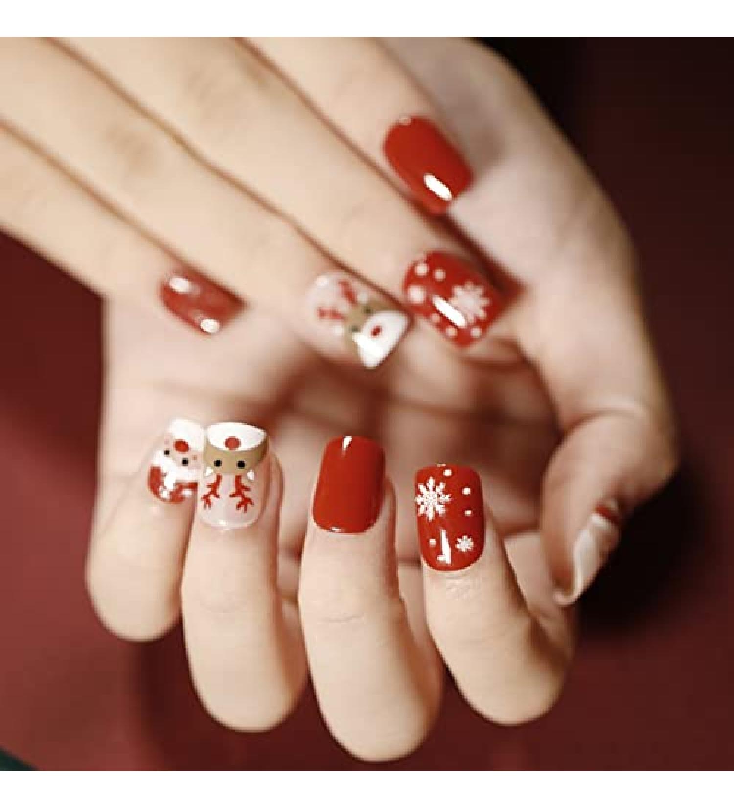 Brishow Christmas Artificial Nails - 24PCS Snow & Moose Press-On Short Red Nails for Women & Girls - Buy Online on GoSupps.com