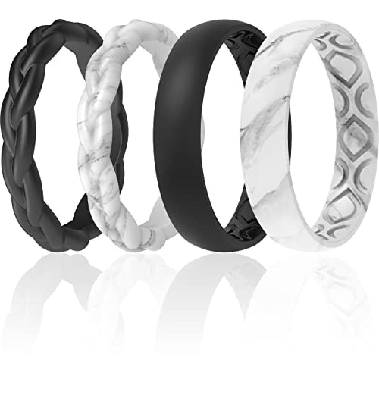 ThunderFit Women's Stackable Thin Braided Silicone Wedding Bands - Black Light Marble - 8.5/9 (18.9mm) - 16/8/4 Packs for Active Lifestyles - Buy Online on GoSupps.com