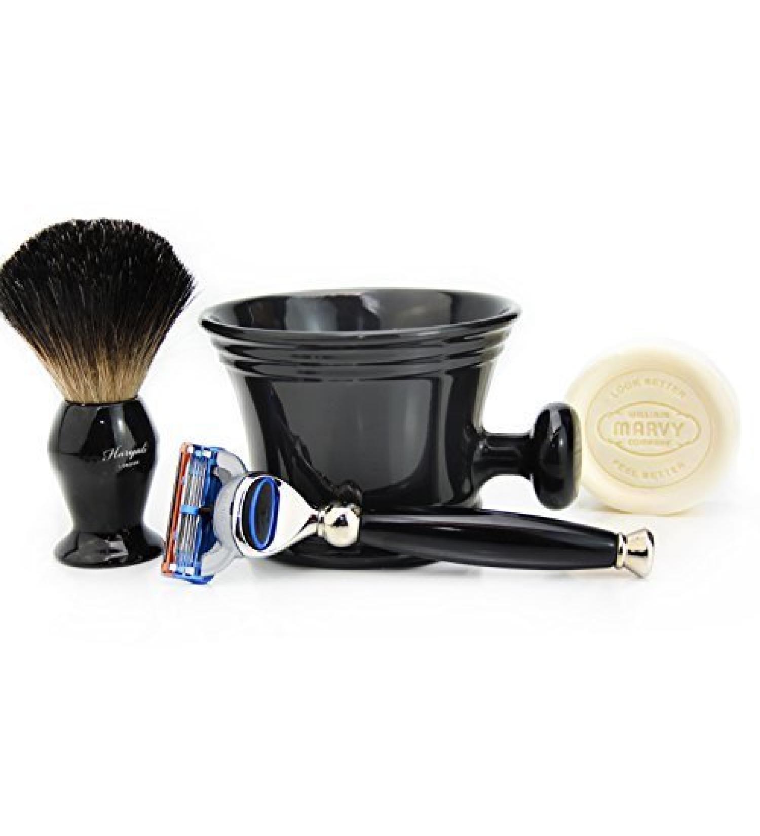 Men's Shaving Kit - 4 Pc Set with 5 Edge Razor Black Badger Hair Brush Soap & Mug - International Shipping Available - Buy Online on GoSupps.com