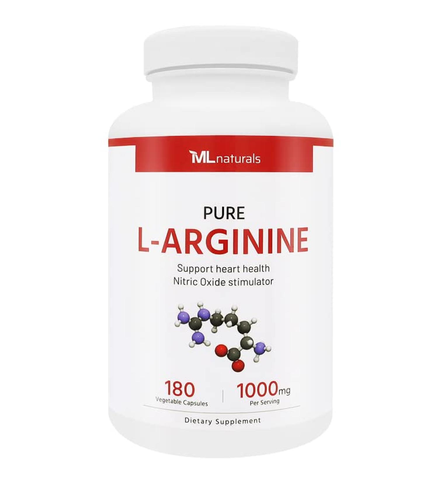 ML Naturals Pure L-Arginine 1000 mg 180 Vegetable Capsules. Amino Acid, Nitric Oxide Stimulator, and Supports Heart Health, Third-Party Lab Tested - Buy Online on GoSupps.com
