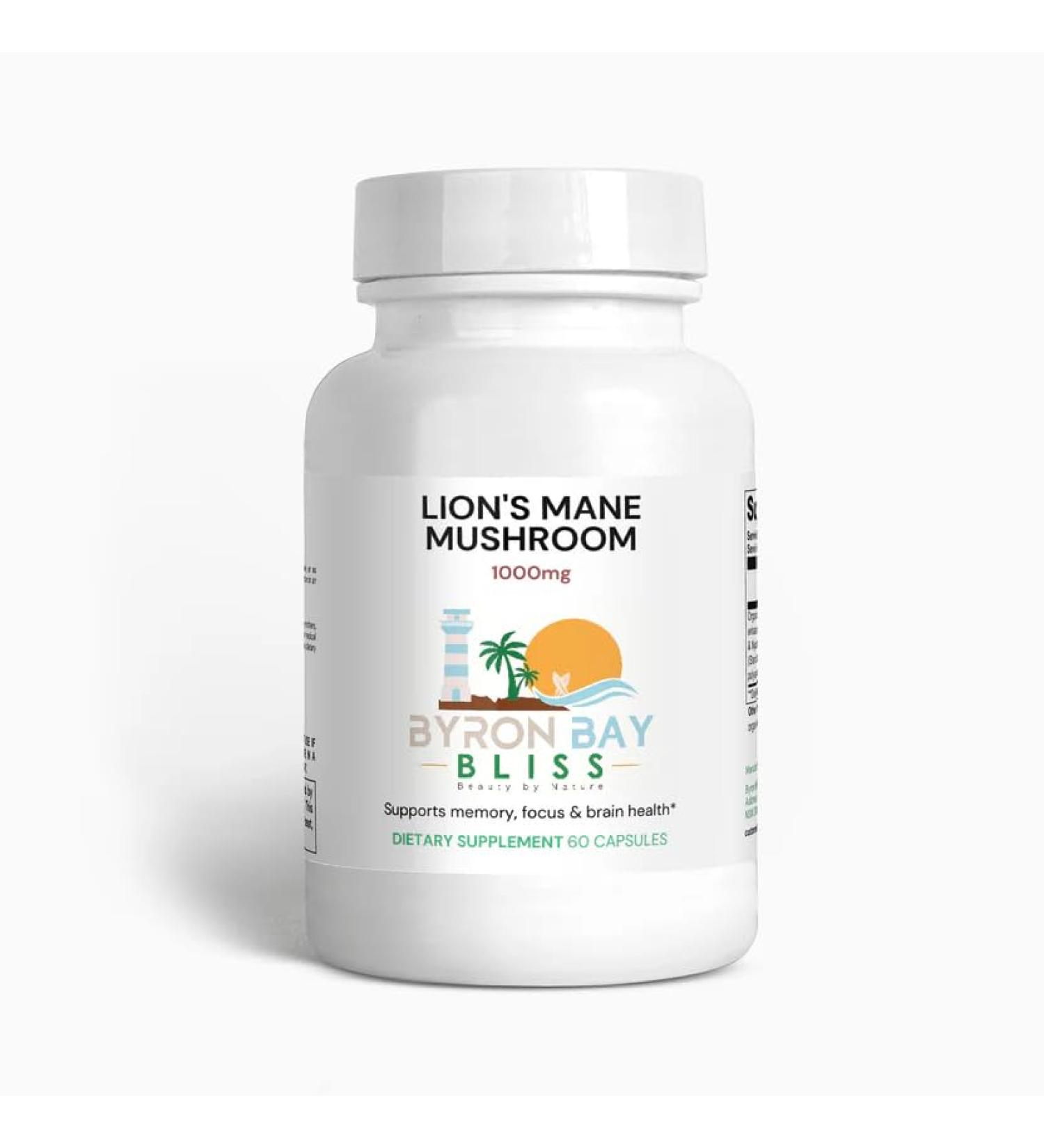 Byron Bay Bliss Lion's Mane Mushroom Capsules Brain Support 60 Count Organic Vegan 0.2lb