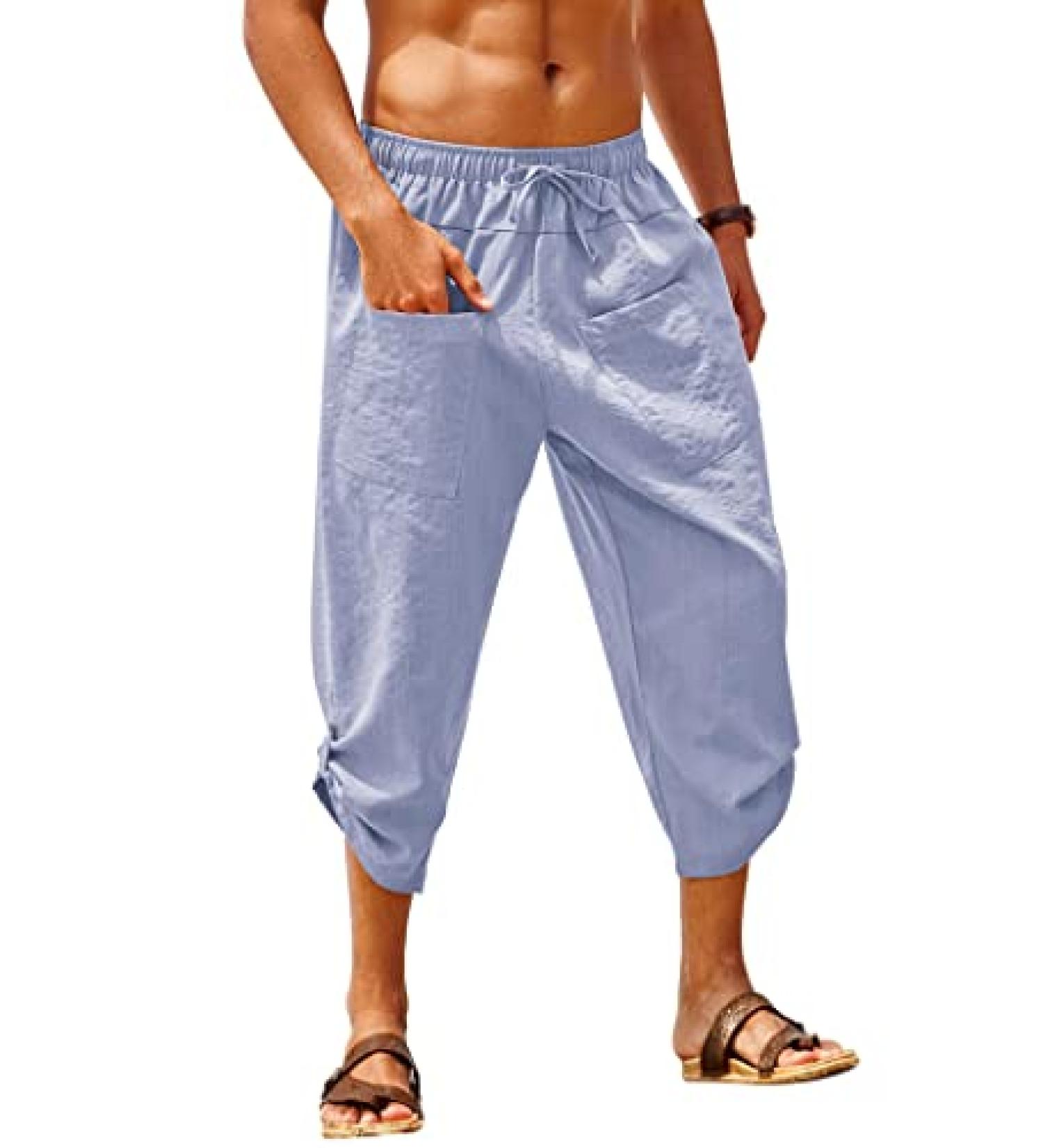 COOFANDY Men's Linen Harem Capri Pants in Blue - Elastic Waist Casual Beach Yoga Boho Pants with Pockets (Large) - Buy Online on GoSupps.com