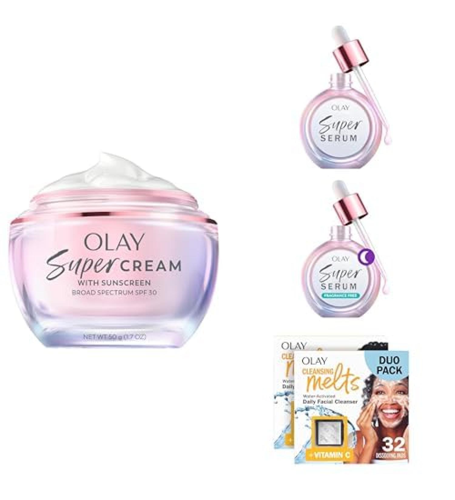 Olay Super Skin Care Bundle with Cleansing Melts Face Wash - Super Cream with Sunscreen SPF 30 (1.7 oz) Super Serum Day (1.0 oz) + Night Repair (1.0 oz) Vitamin C Cleansing Melts (64 ct)