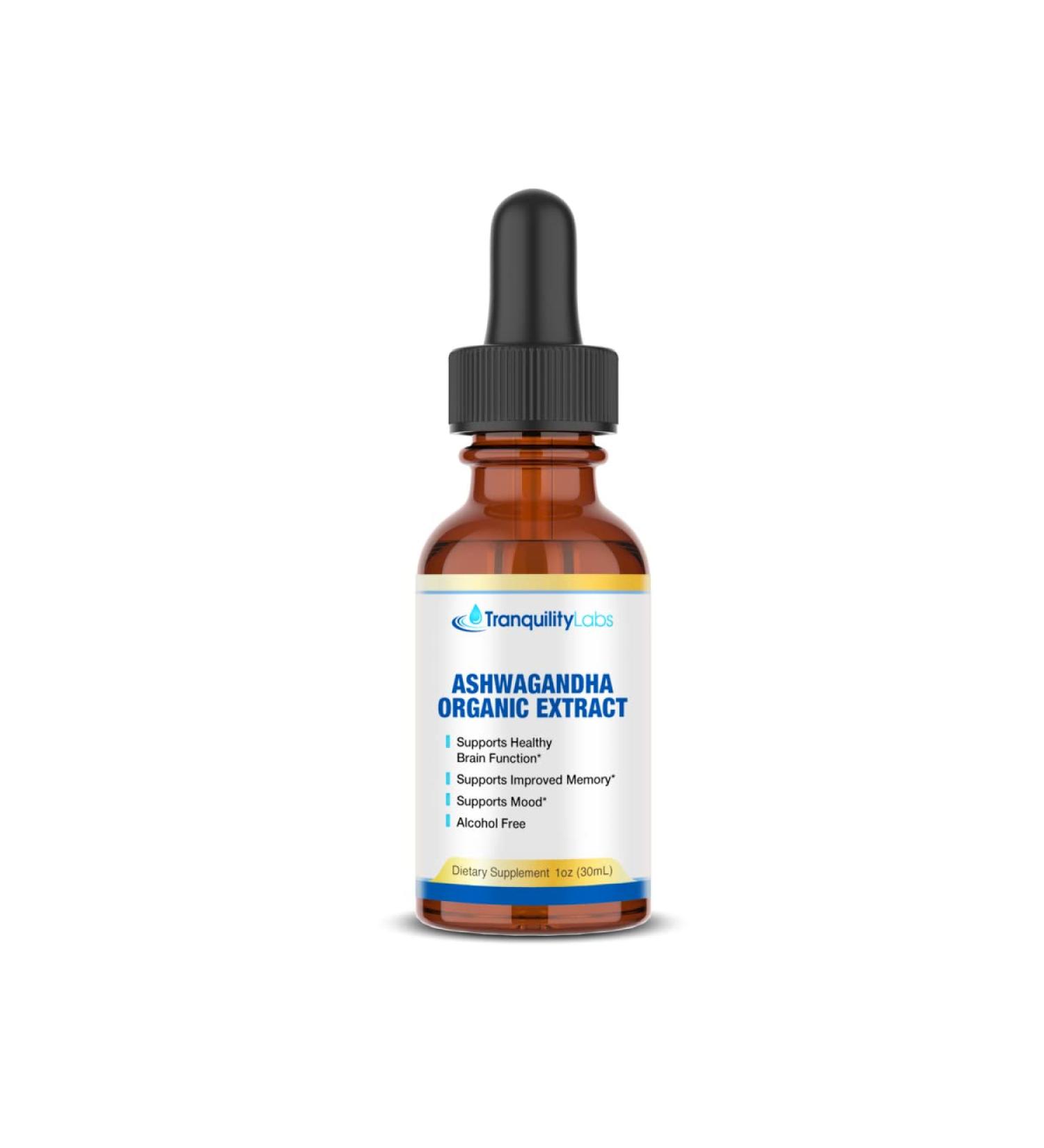 Tranquility Labs Ashwagandha Organic Extract Healthy Brain Improved Memory Support Mood Good Taste Reduce Stress Reduced Cortisol Levels Reduced Inflammation Increased Muscle Strength (30 ML)