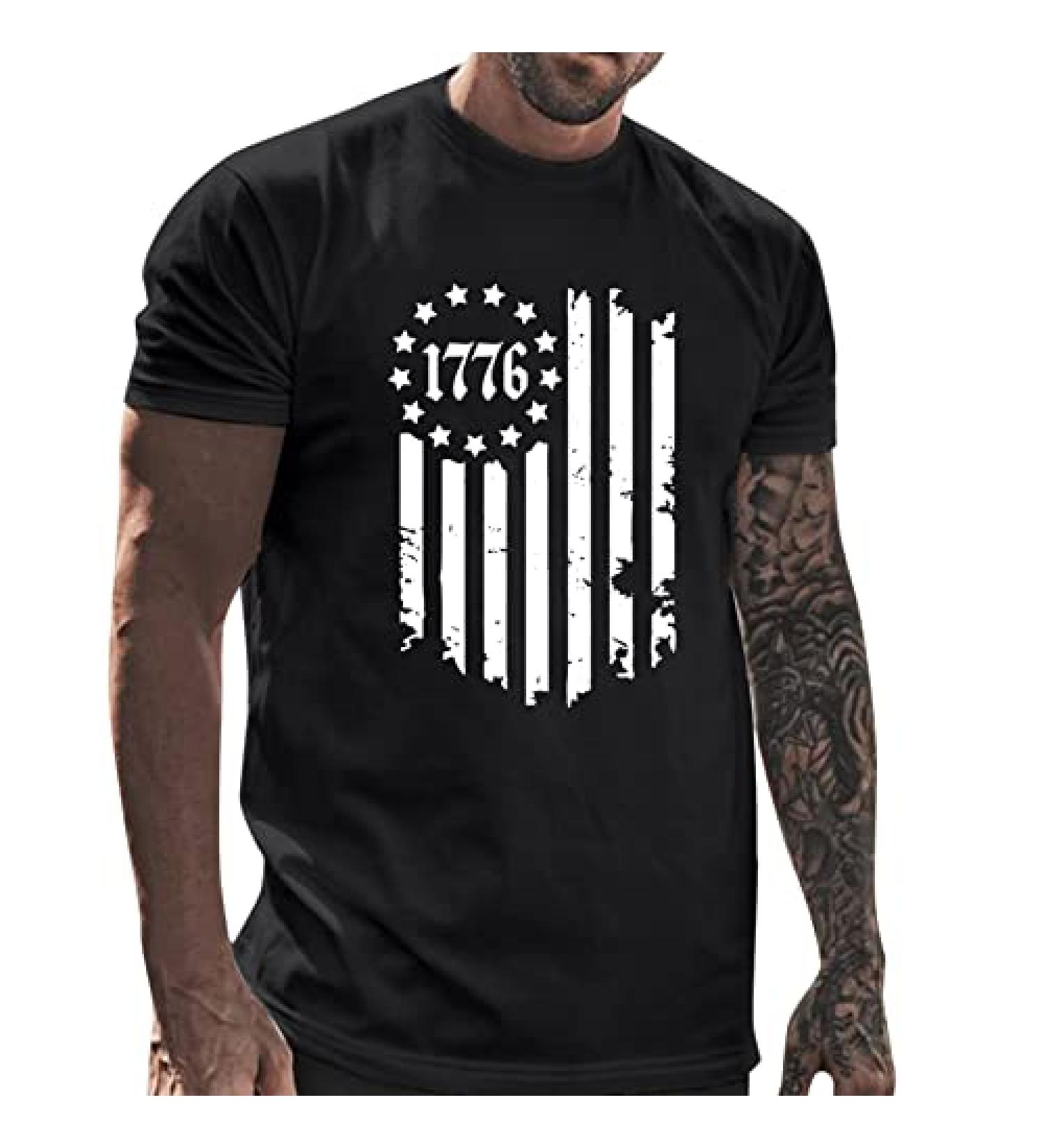 Fannyouth Men's American Flag Striped Print Crew Neck T-Shirt - Black (X-Large) - Buy Online on GoSupps.com