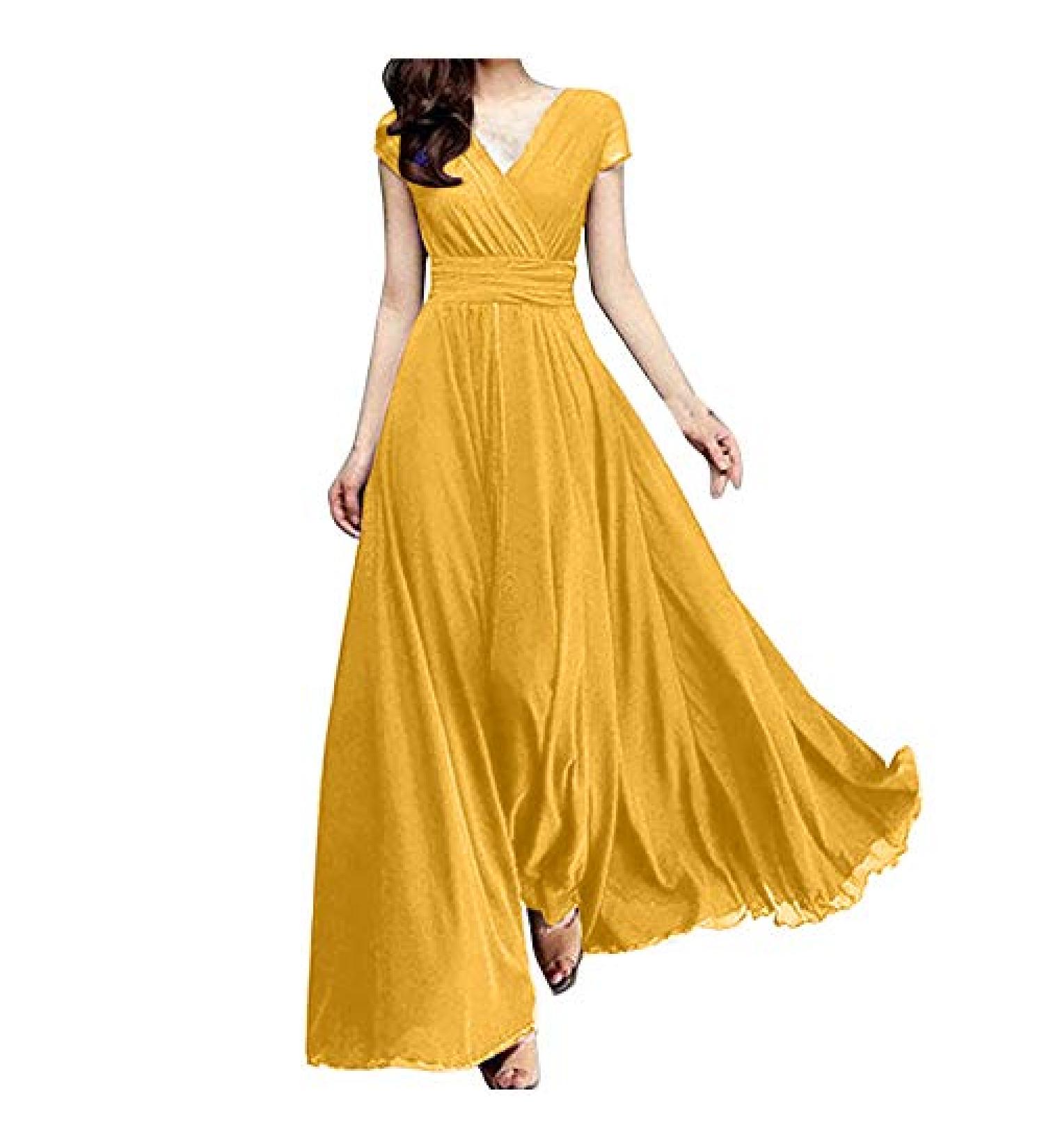 UIKMN Women's Party Dress Cap Sleeve V Neck Chiffon Wrap Gown - Yellow (5XL) - Buy Online on GoSupps.com