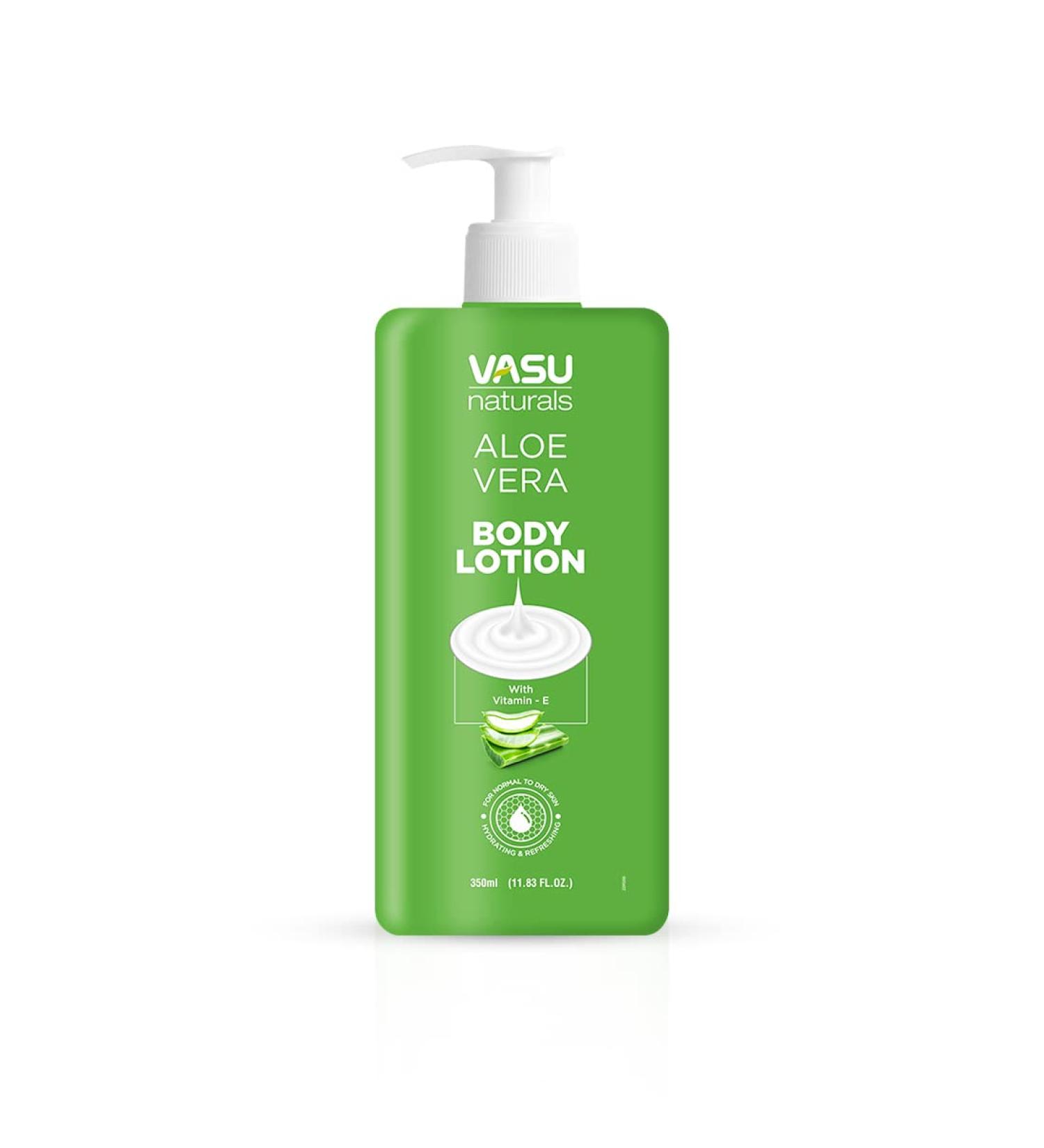 Vasu Naturals Aloe Vera Body Lotion | Hydrating & Refreshing | Aloe Shea Butter & Vitamin E | 350ml for Youthful Glowing Skin - Buy Online on GoSupps.com