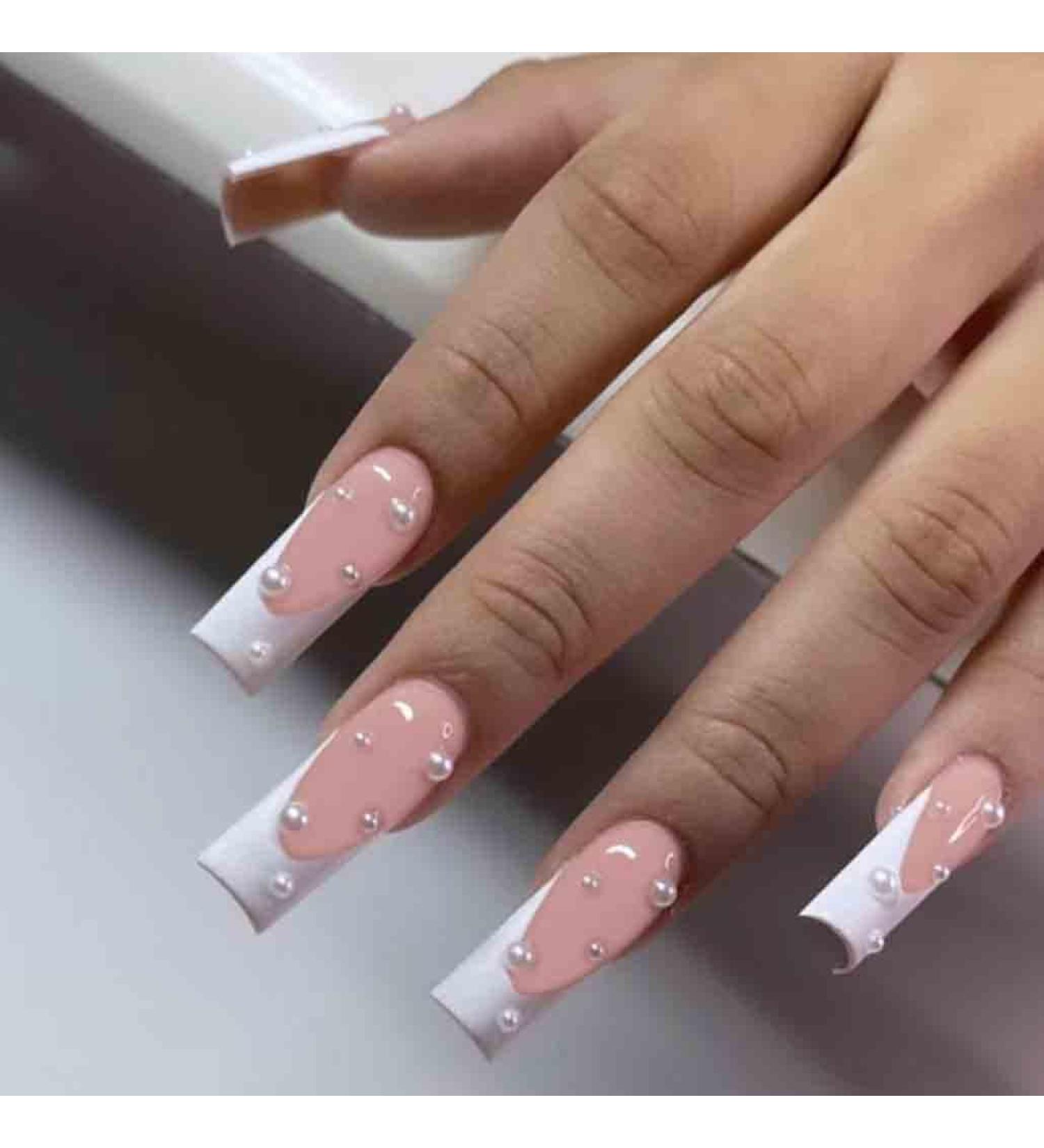 Foccna 24pcs Pink Pearl Glossy Press On Nails - Long False Tips for Women and Girls - Buy Online on GoSupps.com