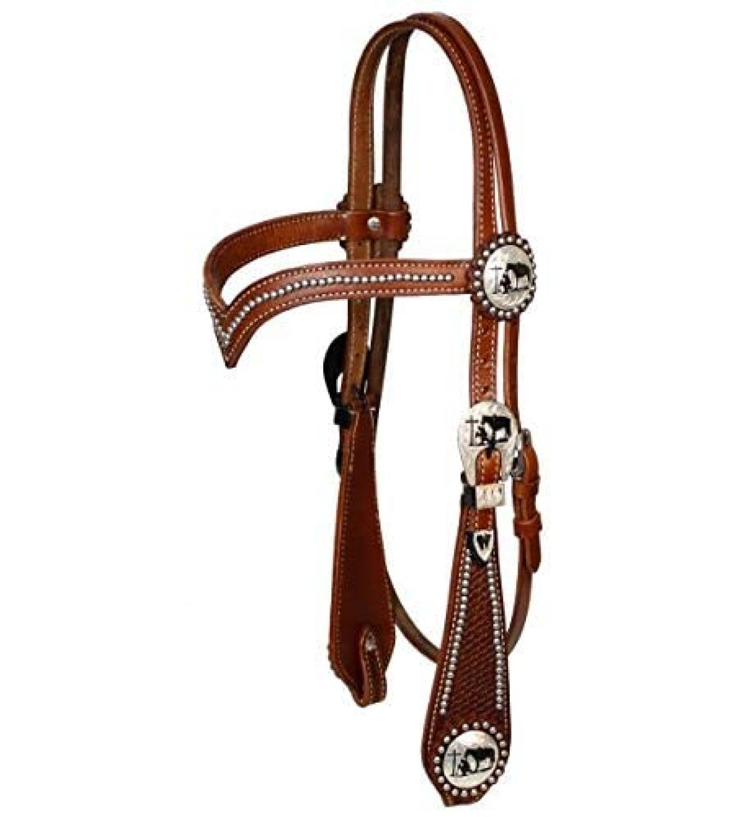 Showman Silver Beaded V Brow Leather Headstall w/Reins Medium