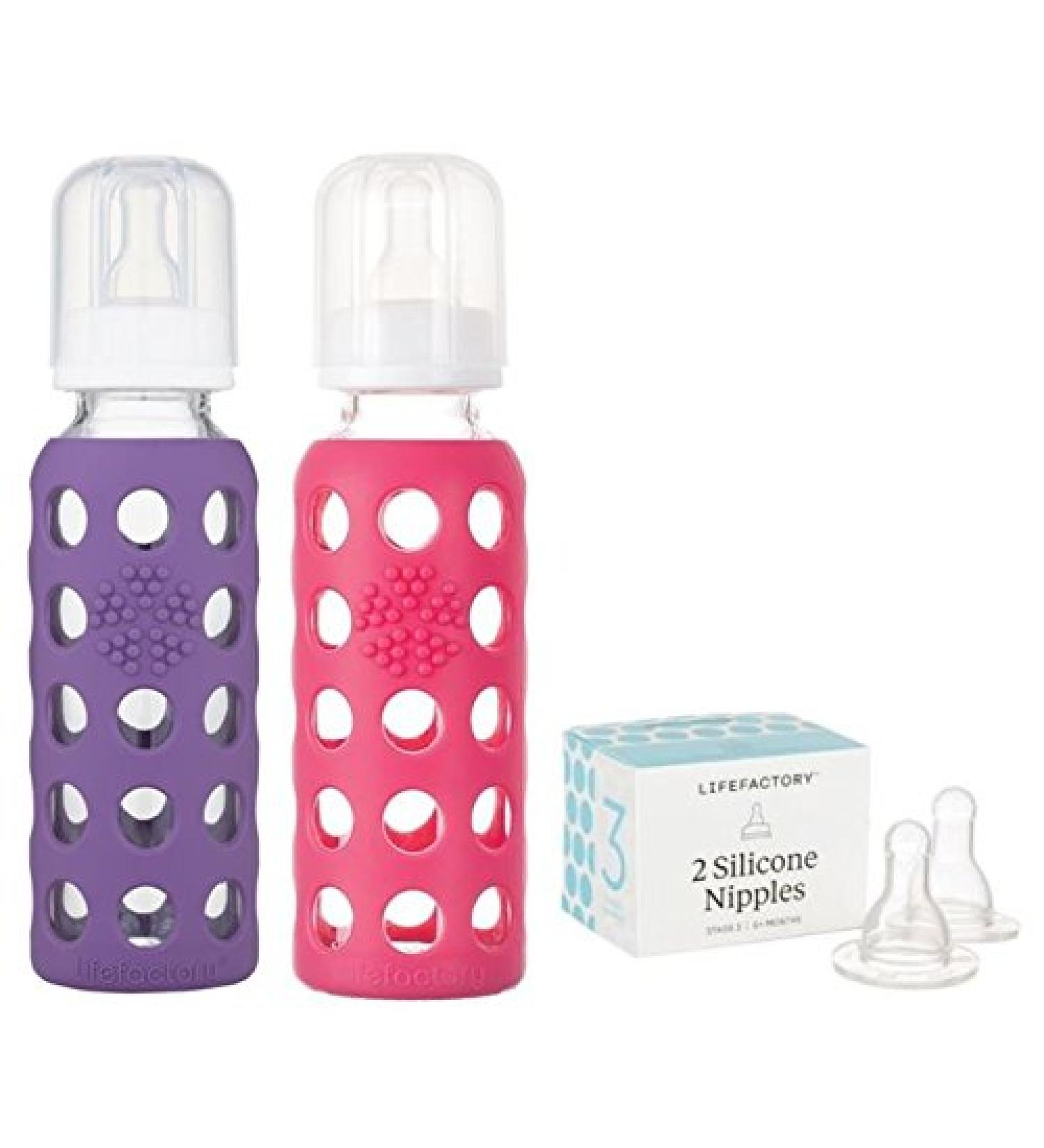 Lifefactory 9oz Glass Baby Bottle 2pk Bundle with 2 Stage 3 Nipples (Grape/Raspberry) - Buy Online on GoSupps.com