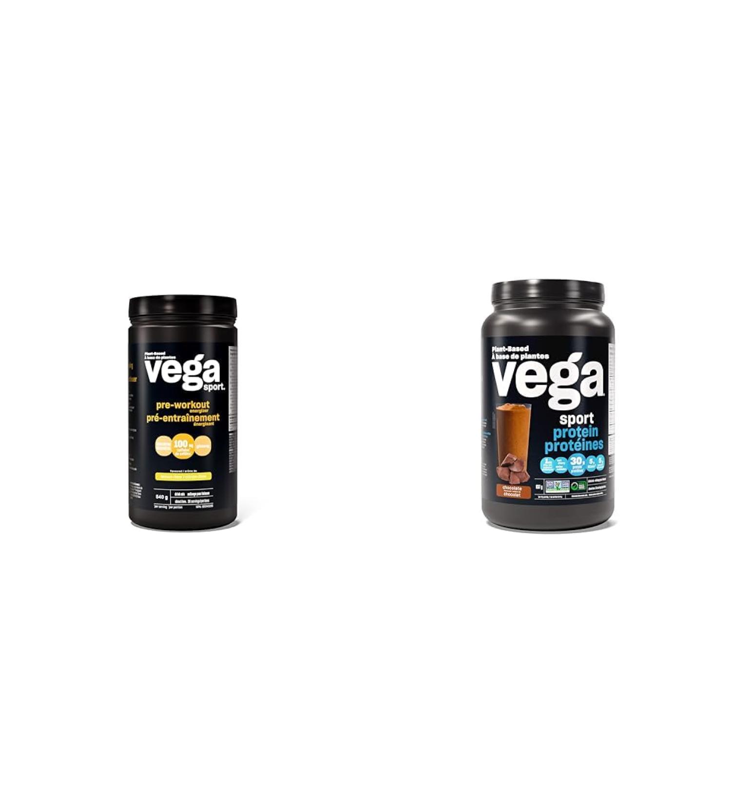 Vega Sport Pre-Workout Energizer Lemon Lime (30 Servings) & Sport Protein Vegan Protein Powder Chocolate (19 Servings) BCAAs Amino Acid Lemon Lime + Chocolate 540 g (Pack of 1) - Buy Online on GoSupps.com