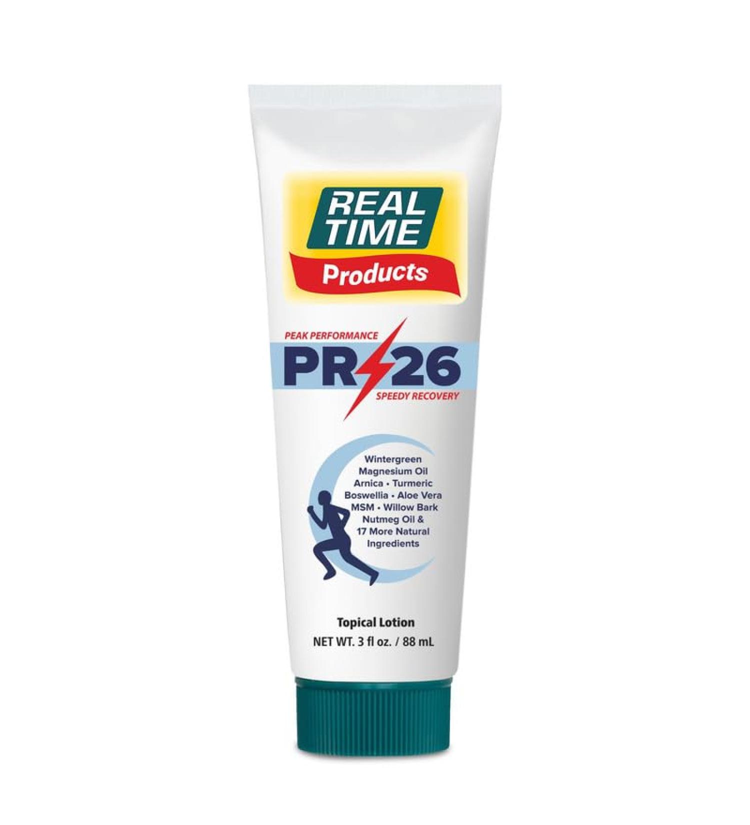 PR-26 by Real Time 3 fl oz Recovery Topical Lotion for Athletes - 26 Natural Ingredients Including Arnica Magnesium Oil Turmeric - Pre & Post Workout Muscle + Joint Rub for Athletic Lifestyle 3 Fl Oz Tube - Buy Online on GoSupps.com