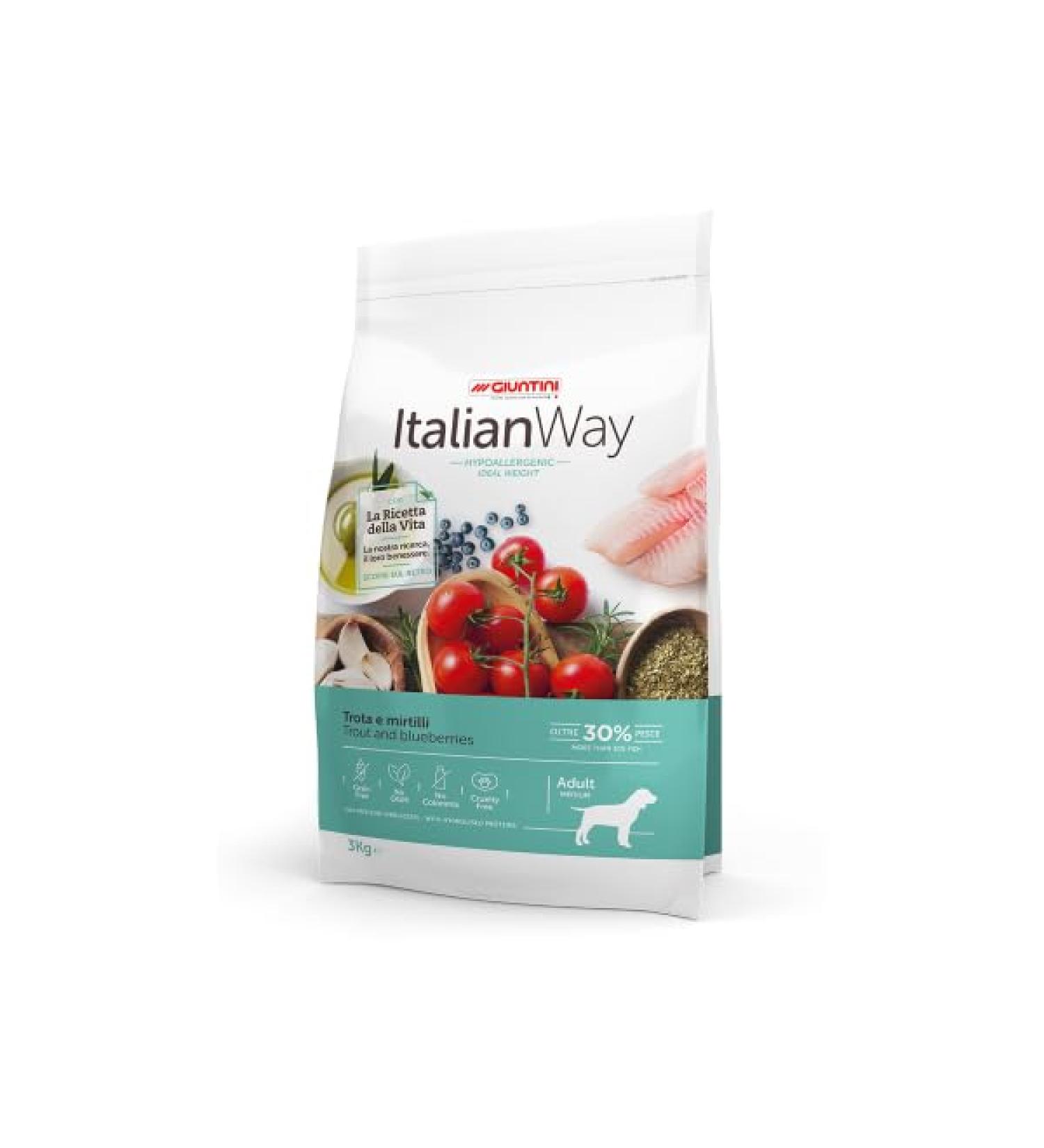 Italian Way Ideal Weight Hypoallergenic Dog Food for Medium Adult Dogs Maxi with Trout and Blueberries 3 kg