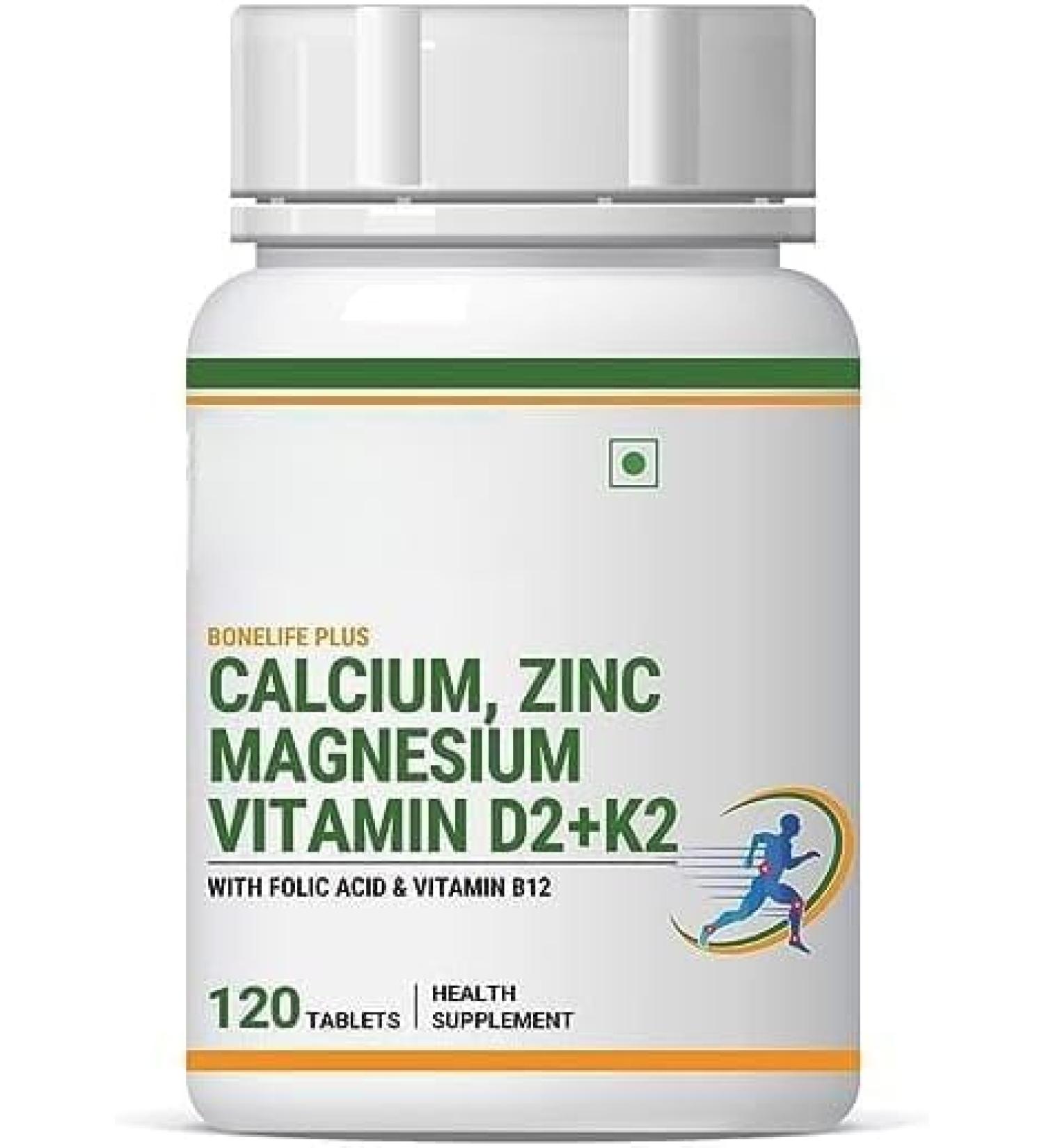 Calcium Magnesium Zinc Vitamin D K2 Folic Acid & B12 Vegetarian Tablets Bone & Joint Support Supplement | Calcium Supplement for Women Men - 120 Tablets (Pack of 1) - Buy Online on GoSupps.com