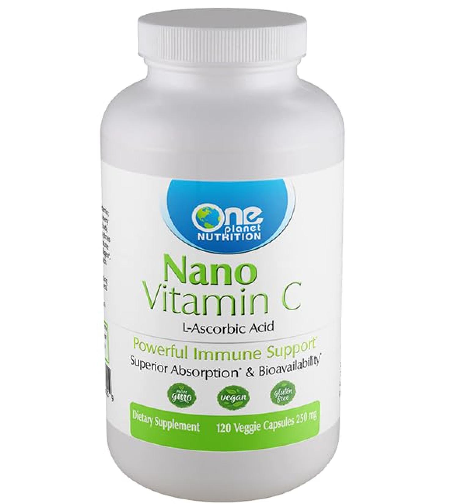 One Planet Nutrition Nano Vitamin C 250 mg Capsules (120 Count) - Nano Particle Size Ascorbic Acid from Lime Extract for Max Absorption - Supports Immune Health & Collagen Production - Non GMO Vegan - Buy Online on GoSupps.com