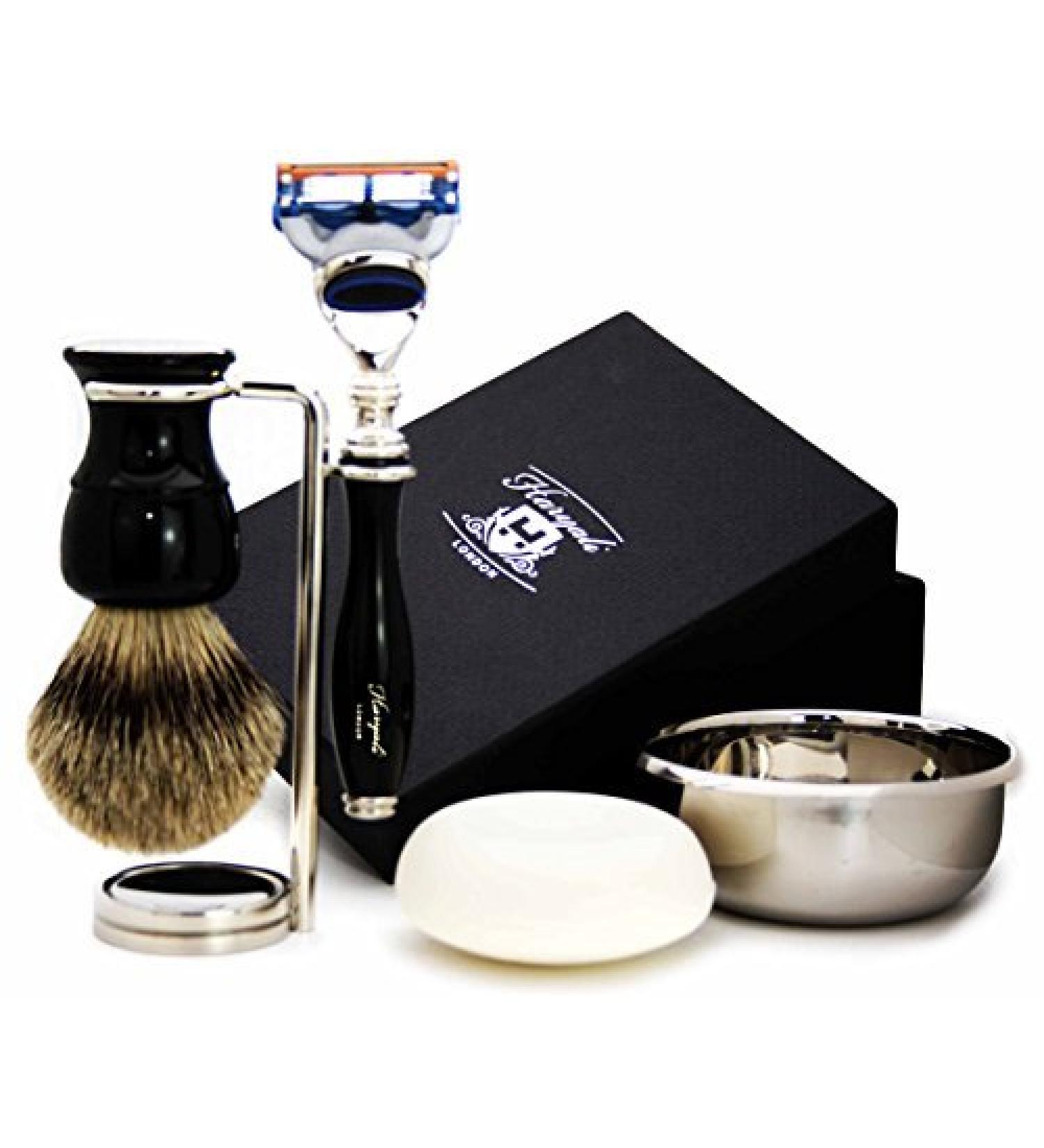 5 Pc Mens Shaving Kit 5 Edge Razor with Silver Tip Badger Hair Shaving Brush Stand Soap and Bowl Perfect Set for Men