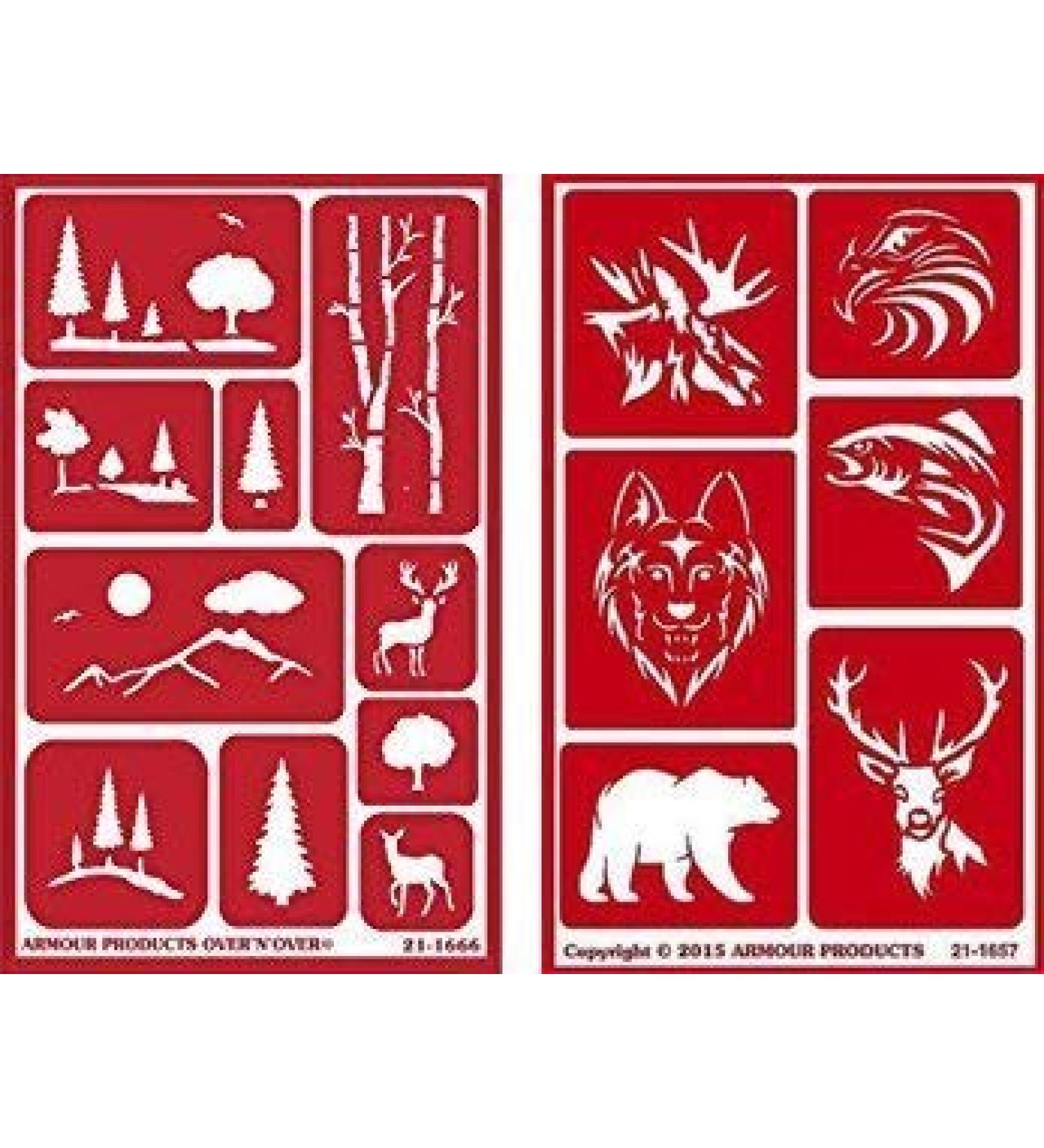 Over 'n' Over Reusable Self-Stick Etching Stencil for Glass (or Stamping) - Bundle of Two Sets - Landscapes & Wild Animals