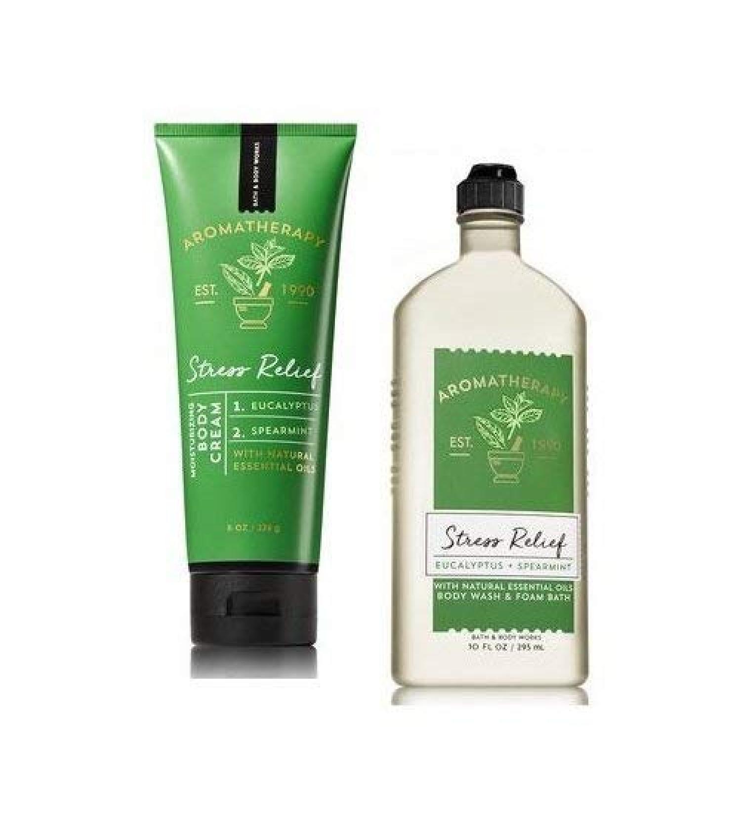 Bath and Body Works Aromatherapy Stress Relief Eucalyptus & Spearmint Body Cream. 8 Oz & Shower Gel 10 Oz.