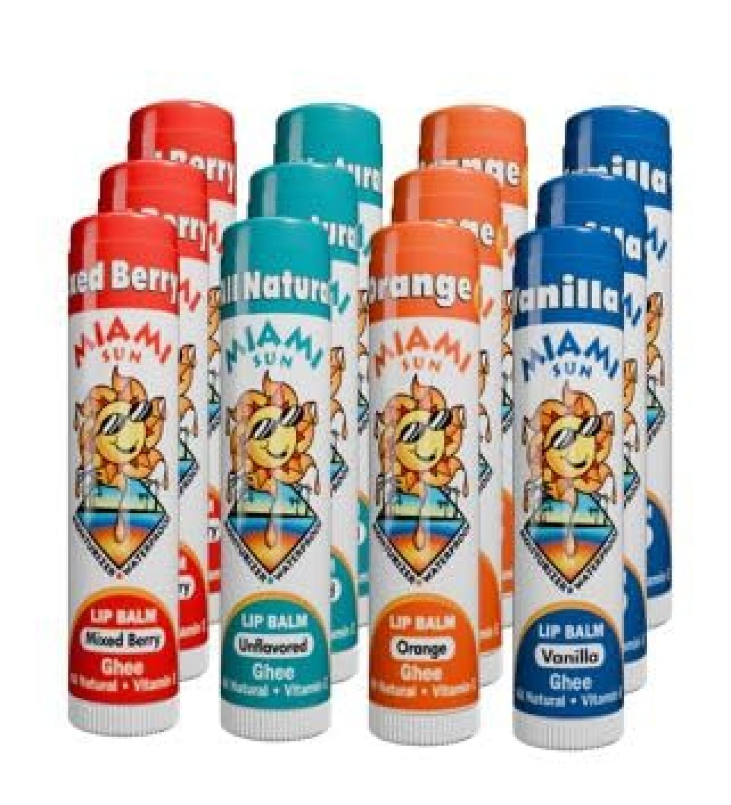 Miami Sun Lip Balm Mixed Flavors: Orange Vanilla Mixed Berry Unflavored 100% Natural with Ghee Avocado Oil Non-Toxic Best for Dry Chapped Lips - Moisturizing Healing Chemical-Free (12 pcs) - Buy Online on GoSupps.com