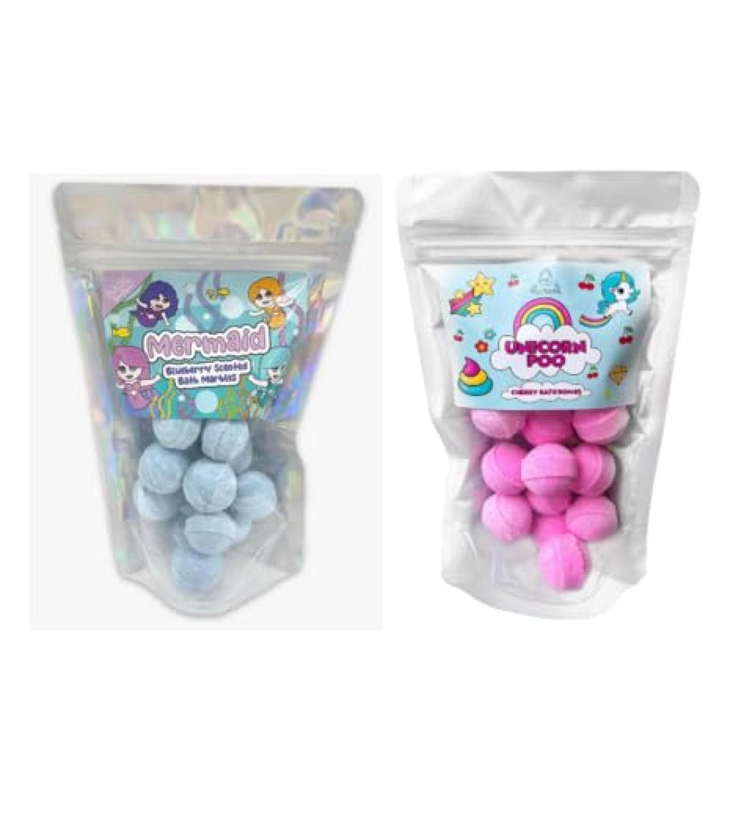 Unicorn Poo and Mermaid Mini Bath Bomb Double Pack. 24 Mini Bath Bombs Total. Ideal Stocking Fillers Advent Calendar Filler. Children's Bath Bombs. Mermaid and Unicorn Double Pack