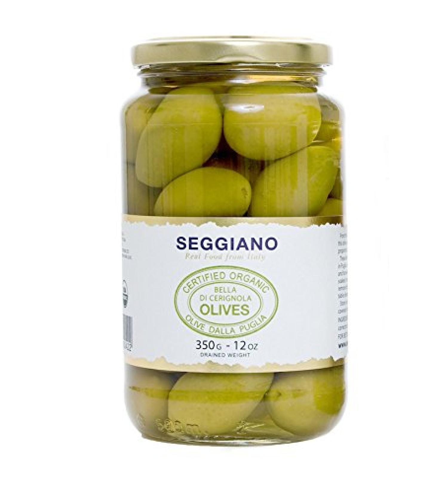 Seggiano Organic Bella Di Cerignola Olives 350g - Certified Vegan Vegetarian GMO Free & Gluten Free - Handpicked & Mono Varietal - Food Products of Italy