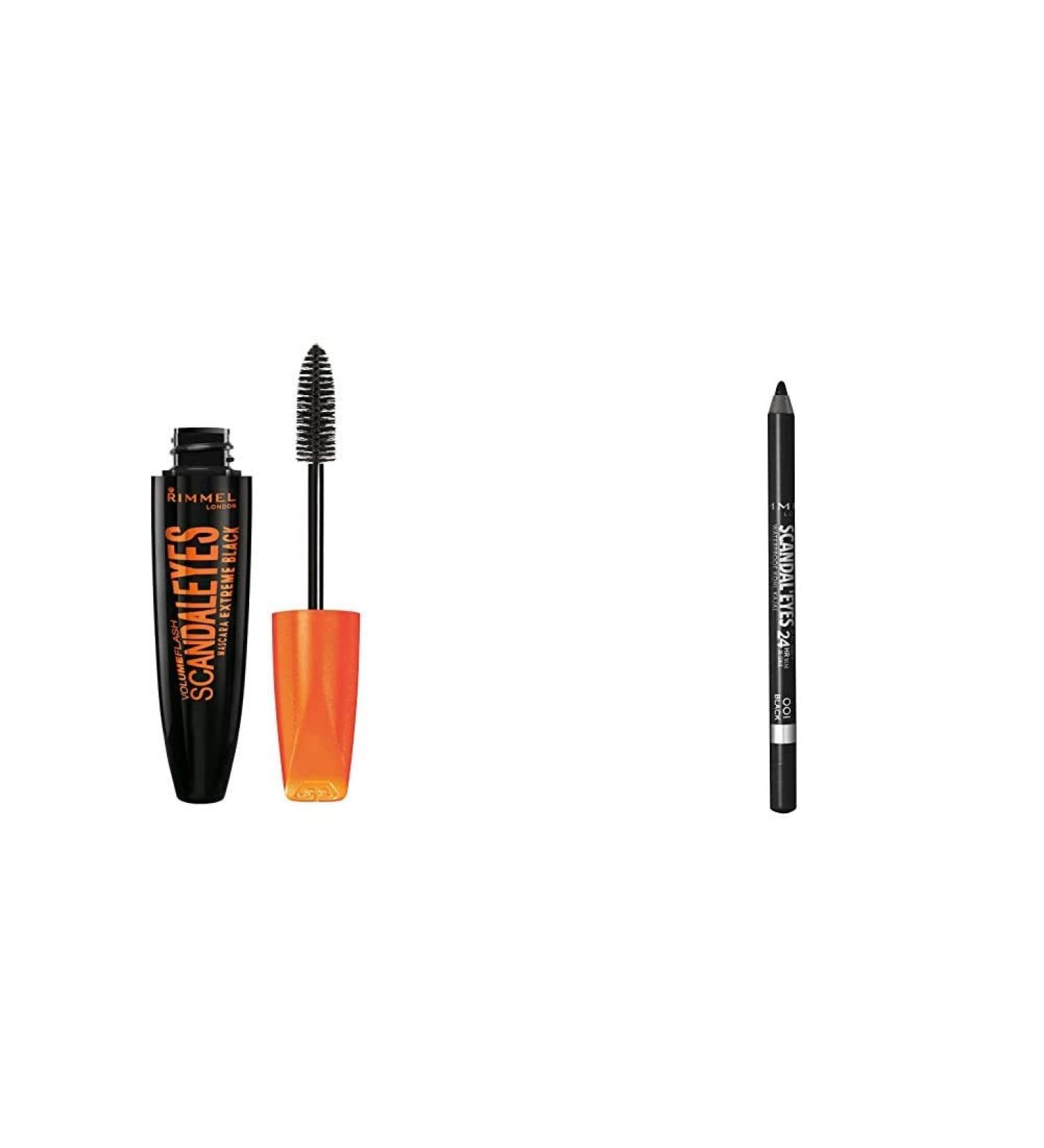 Rimmel Scandaleyes Mascara Extreme Black 0.41 Fl Oz (Pack of 1) & Rimmel Scandaleyes Waterproof Gel Eye Liner Pencil Black Black + Extreme Black Combo (1 Count each)