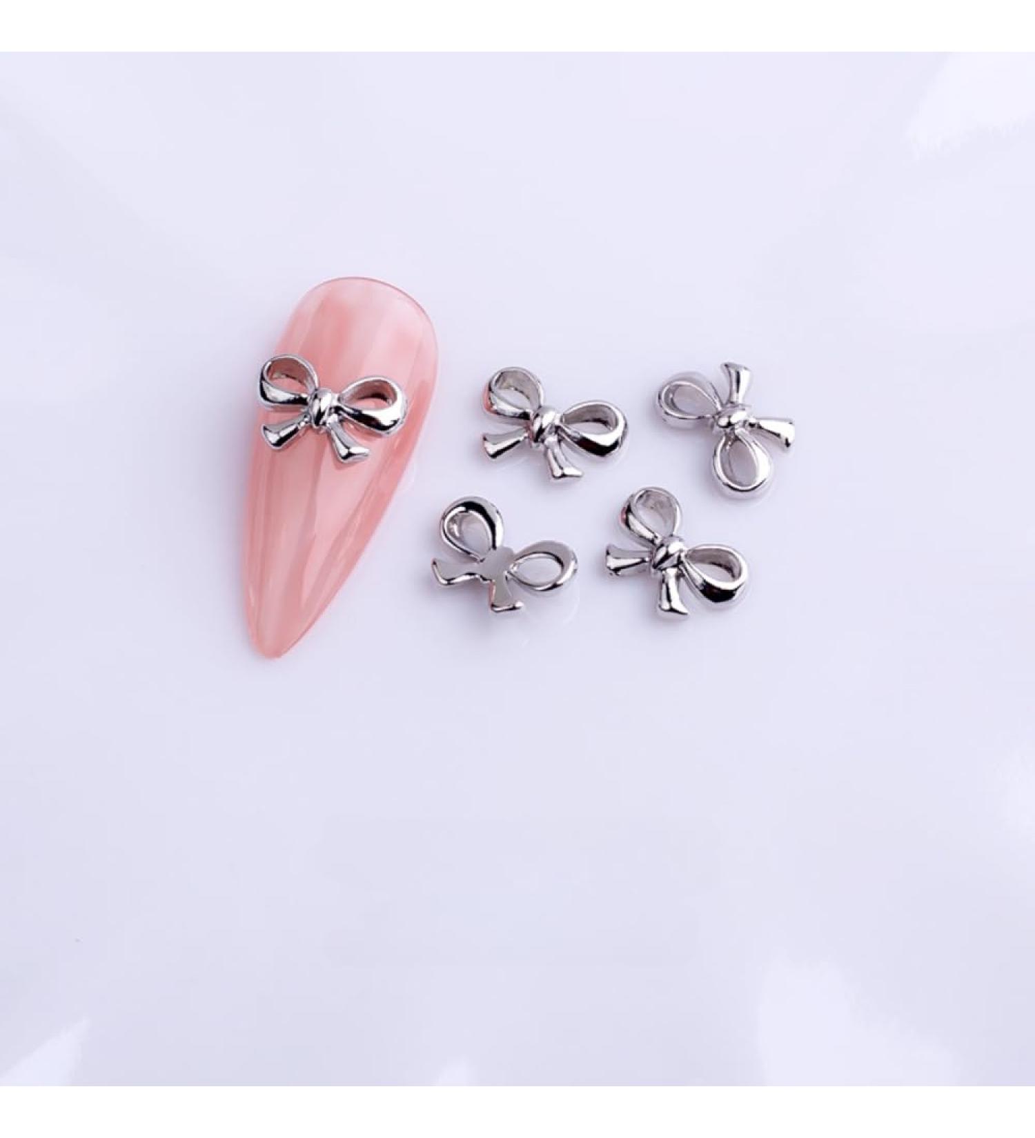 10pcs Nail Art Ribbon Bow Studs Silver Golden Metal 3D Butterfly Charms Nail Decoration Manicure DIY Design Accessories (8029)