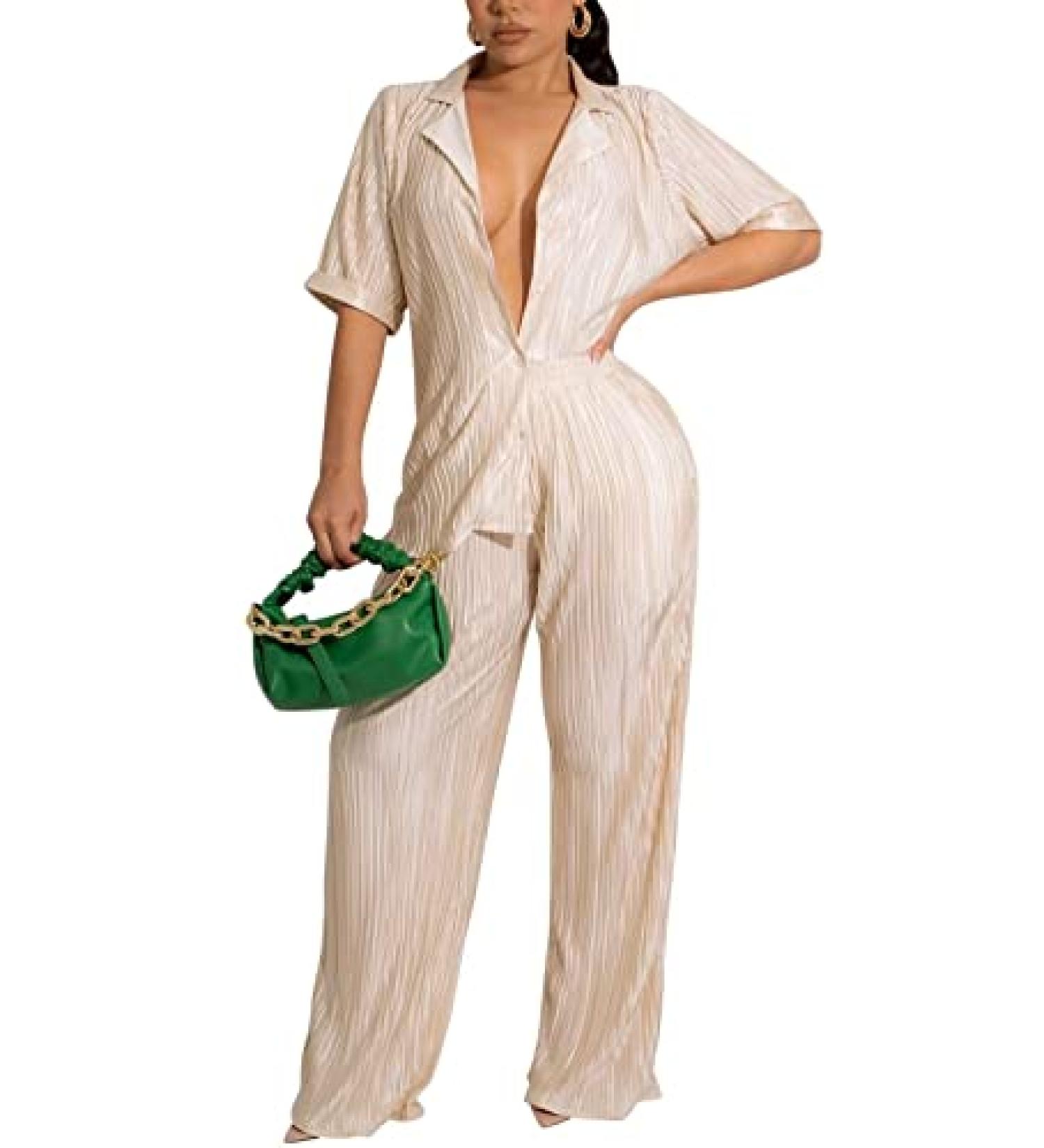 Ekaliy Women's 2 Piece Casual Pleated Outfit Set - Short Sleeve Button Down Shirt & Wide Leg Trouser Suit | Champagne, Size Large - Buy Online on GoSupps.com