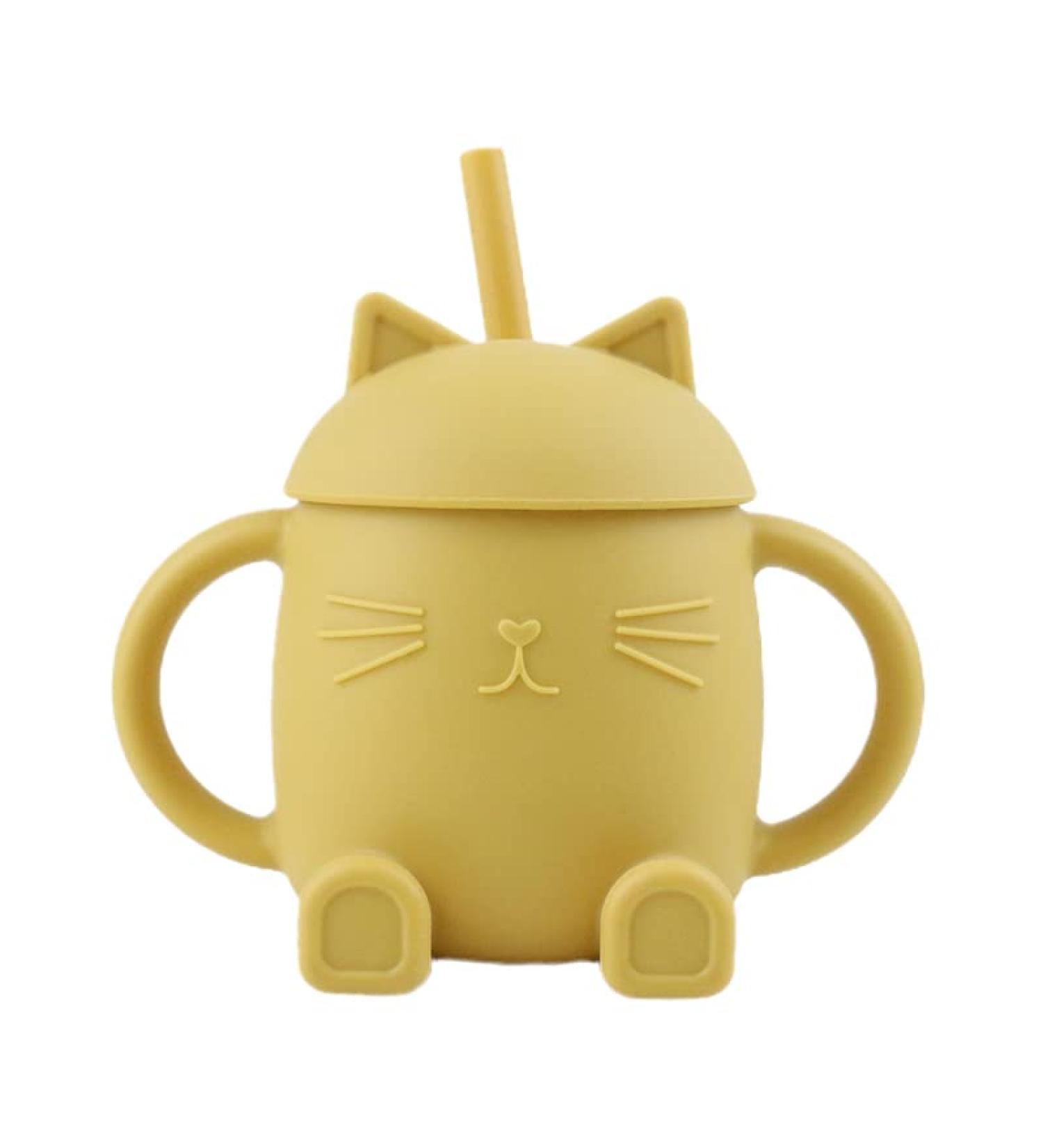 Silicone Baby Sippy Cup with Straw  Lid  Cute Sitting Cat 8 oz. Tumbler  Early Learning Transition for Babies and Toddlers  Spill Proof and Leak Resistant  yellow