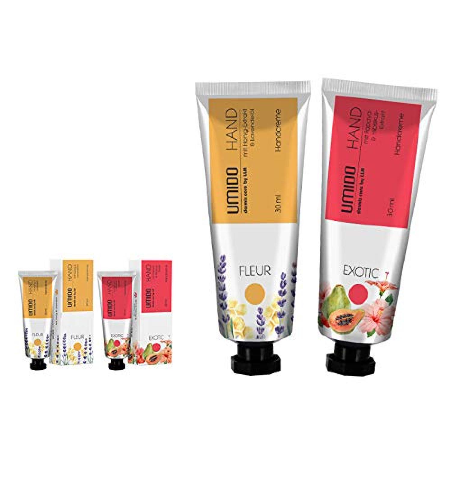 Umido 2 pieces set hand cream set 30 ml |1x honey extract & lavender oil |1x papaya extract & hibiscus extract |Without Parabens |Cream |Care cream |Hand lotion |Hand cream mini