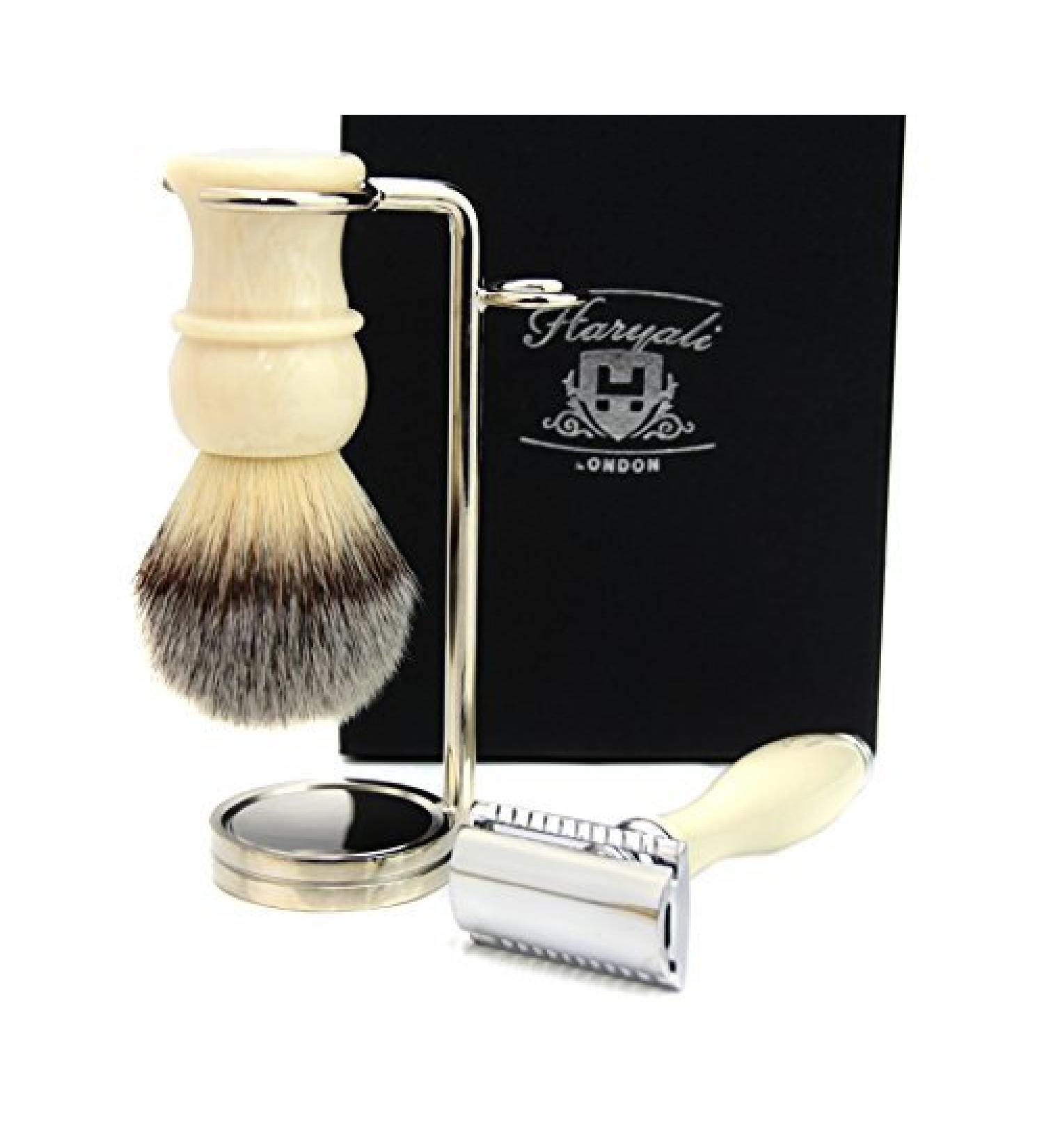 3 Piece Ivory Shaving Set - DE Safety Razor Synthetic Brush & Stand (No Blades Included) | Premium Grooming Essentials - Buy Online on GoSupps.com