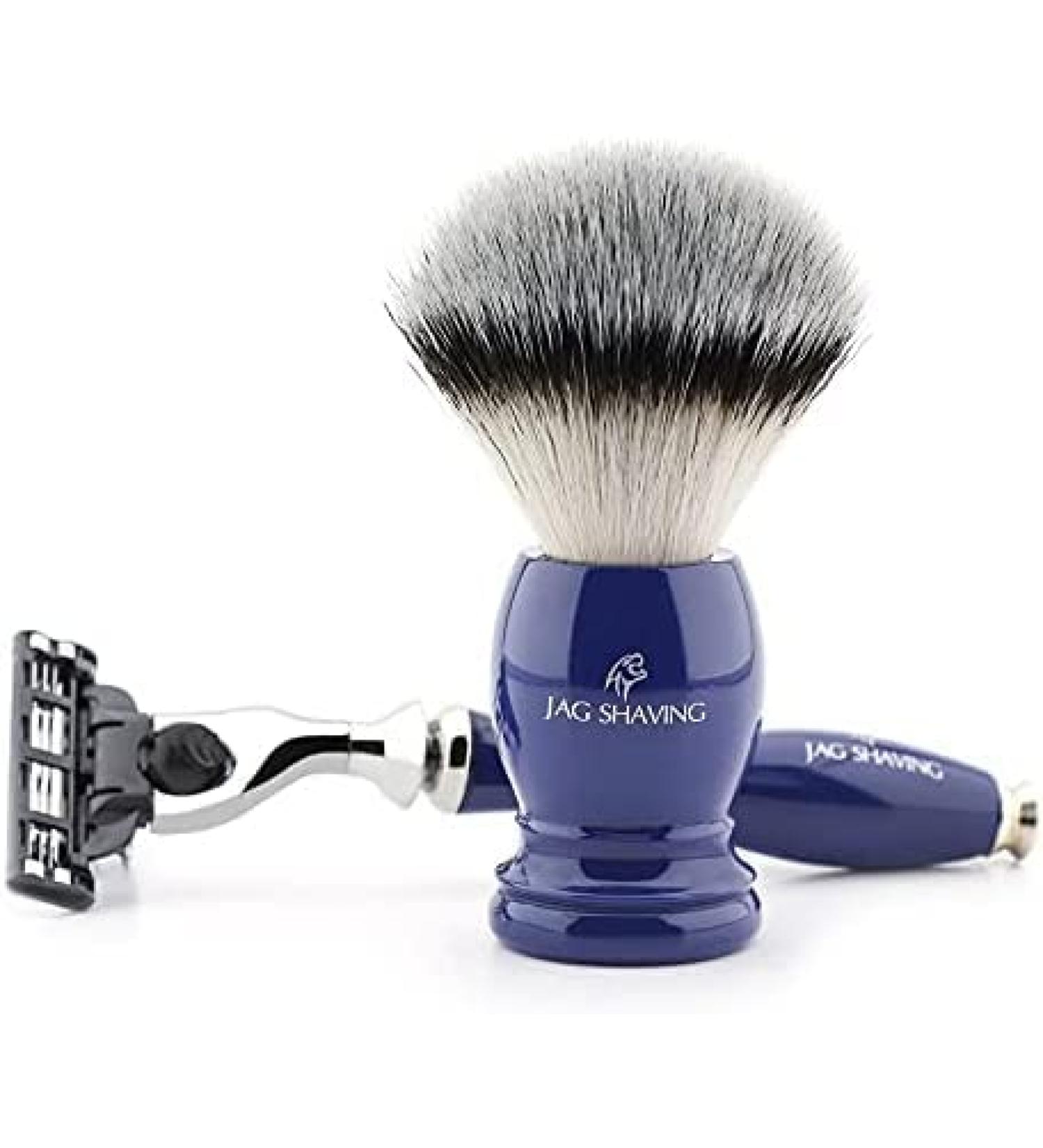 Jag Shaving 3-edge synthetic silver tip shaving brush with blue handle for men's shaving