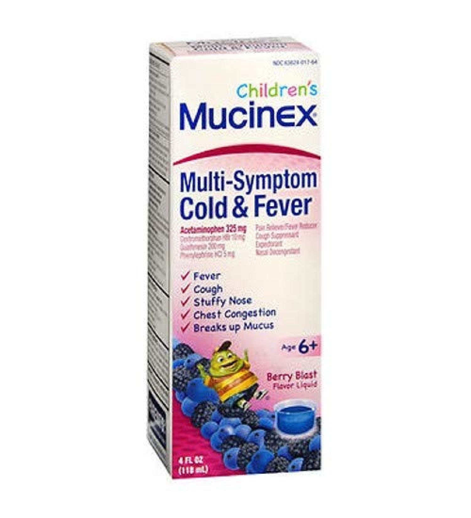 Cough Cold and Fever Mucinex Children's Multi-Symptom Cold and Fever Liquid Berry Blast 4oz Reduces Fever Controls Cough Relieves Stuffy Nose and Chest Congestion