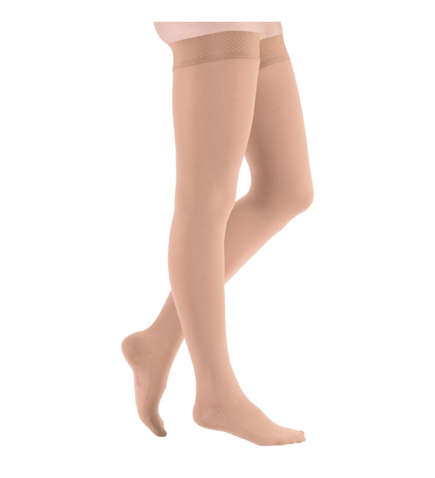 MEDI compression stockings mediven comfort - AG thigh highs / KKL2 / III/caramel/closed toe/short/multifunctional adhesive band