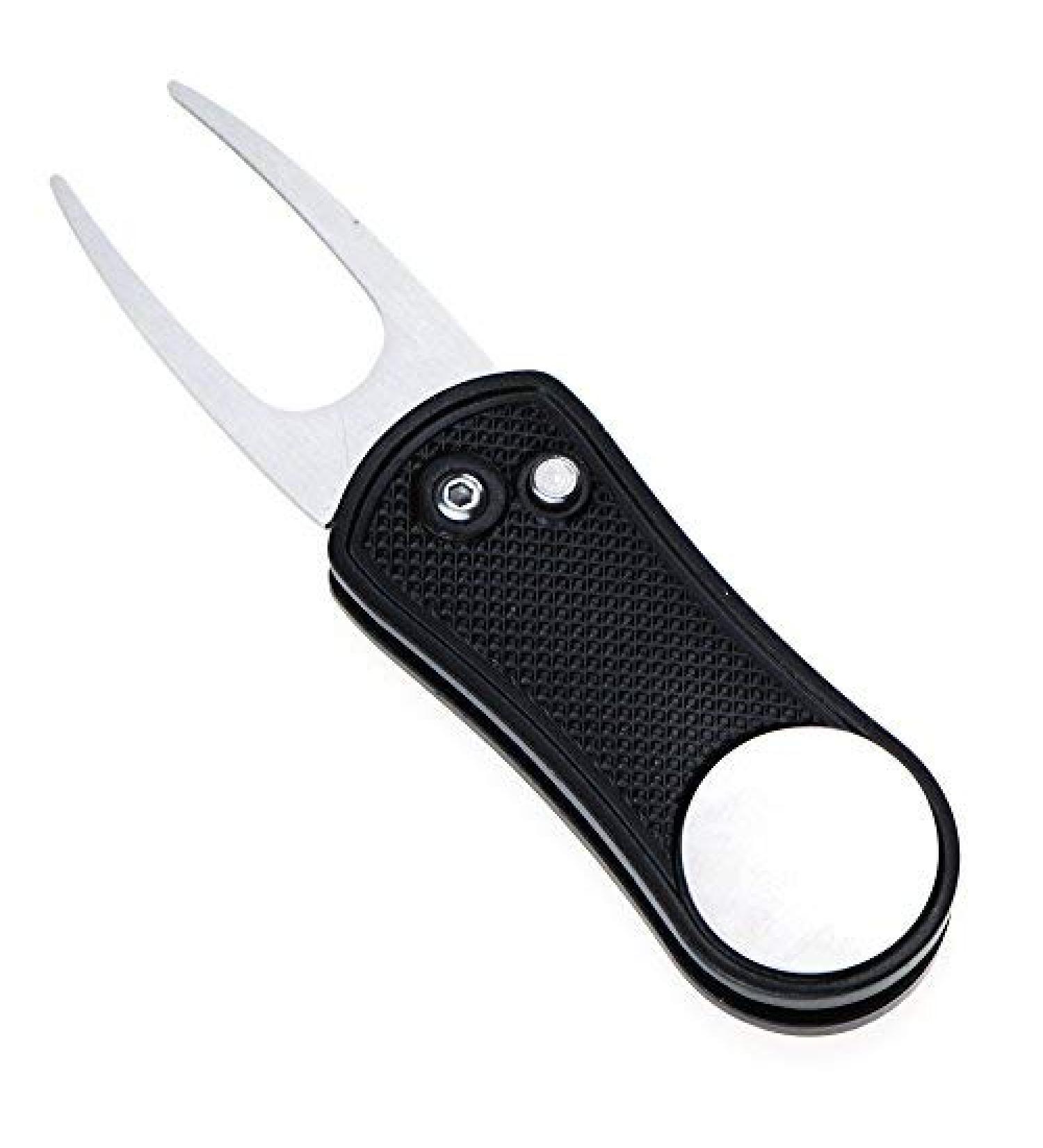 Mile High Life All Metal Foldable Golf Divot Tool with Pop-up Button & Magnetic Ball Marker (Multi-Colors/Shape) Black Bone