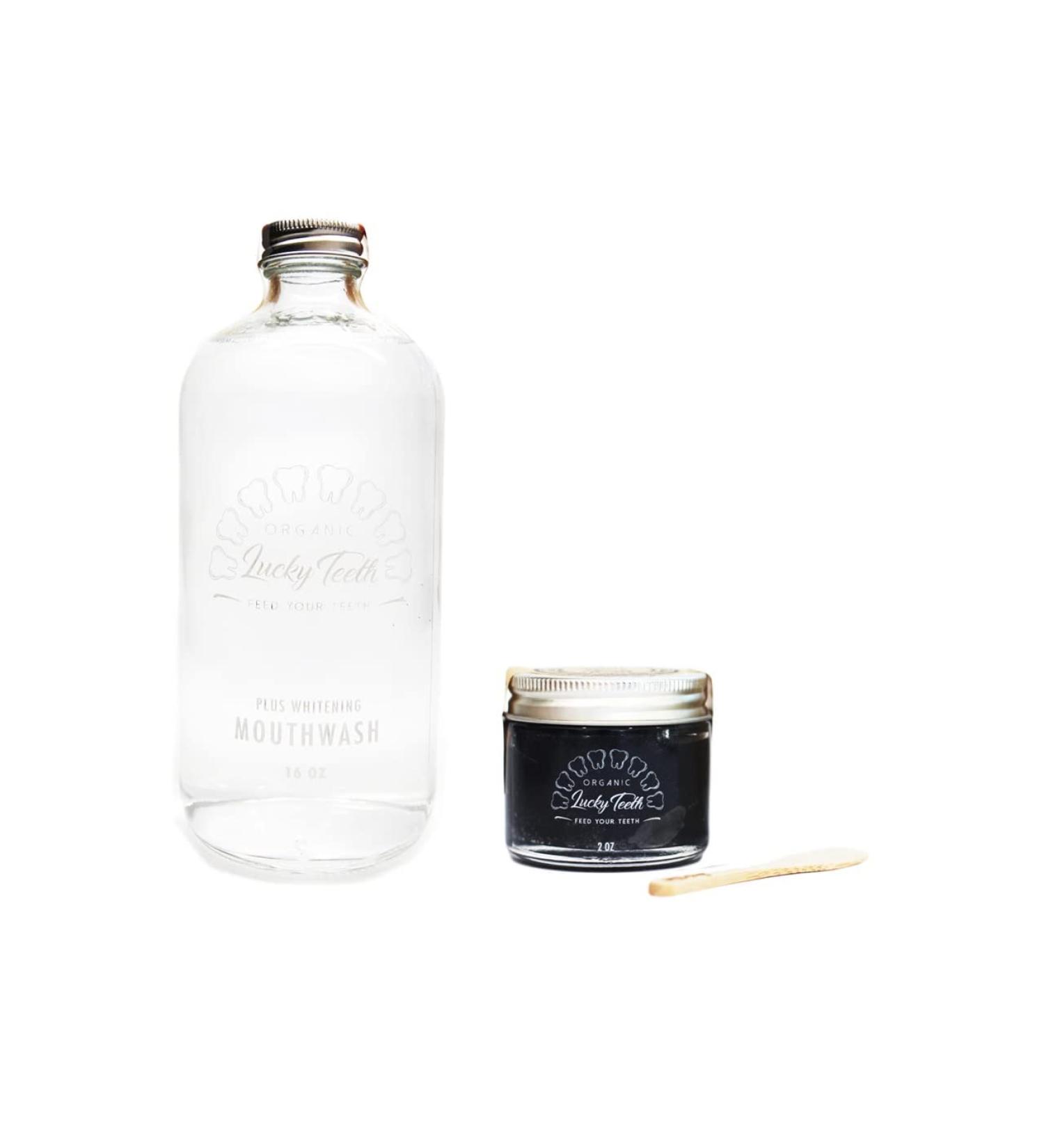 Organic MouthaWash - Plus WHITENING + Remineralizing Toothpaste Pack- Whitens Refreshes. Food Grade Peroxide + Essential Oils. Vegan and Cruelty Free. Glass Jar (16 oz) (Charcoal 2 oz)
