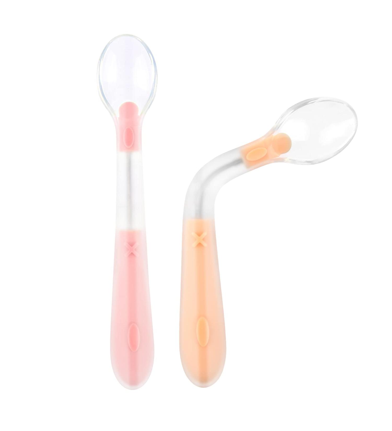 Vicloon Self-Feeding Weaning Spoons 2pcs - Easy Grip Silicone Baby Cutlery Set in Pink-Orange | BPA Free, Reusable Utensils for Toddlers - Buy Online on GoSupps.com