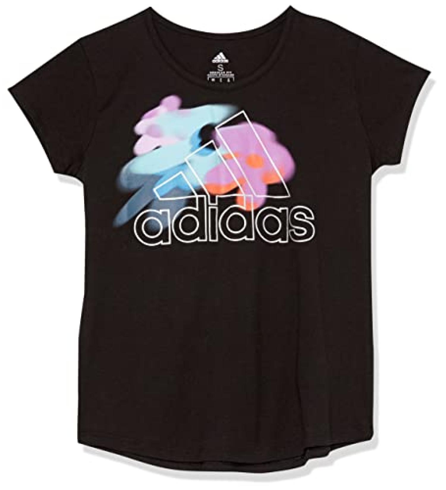 adidas Girls' Short Sleeve Graphic Tee Large Black With Multicolor