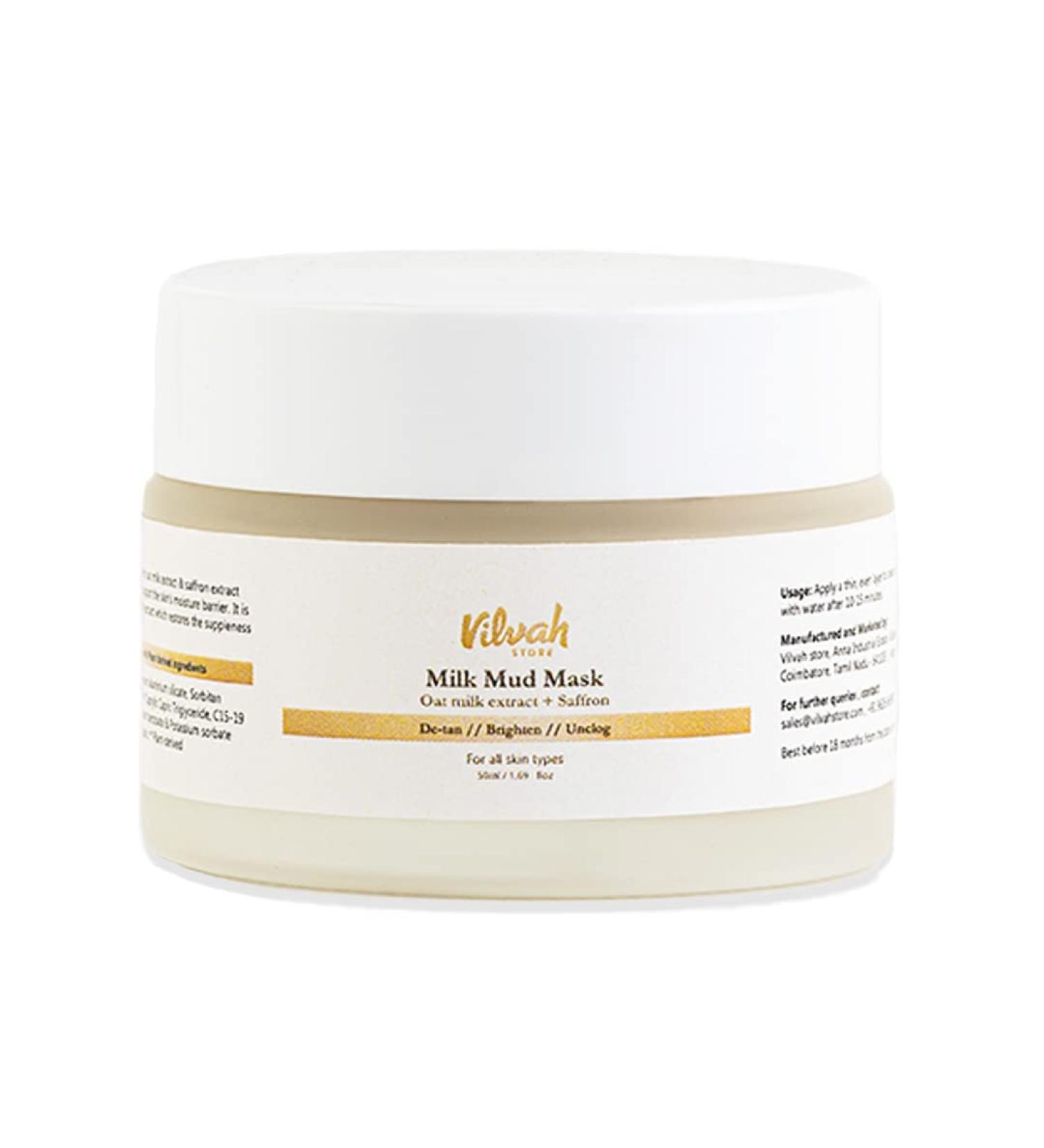 Vilvah STORE Milk Mud Mask - Non-Comedogenic Detan & Skin Brightening | Oat Milk Saffron Kaolin Clay | 50 ML for Men & Women | Shop Internationally - Buy Online on GoSupps.com