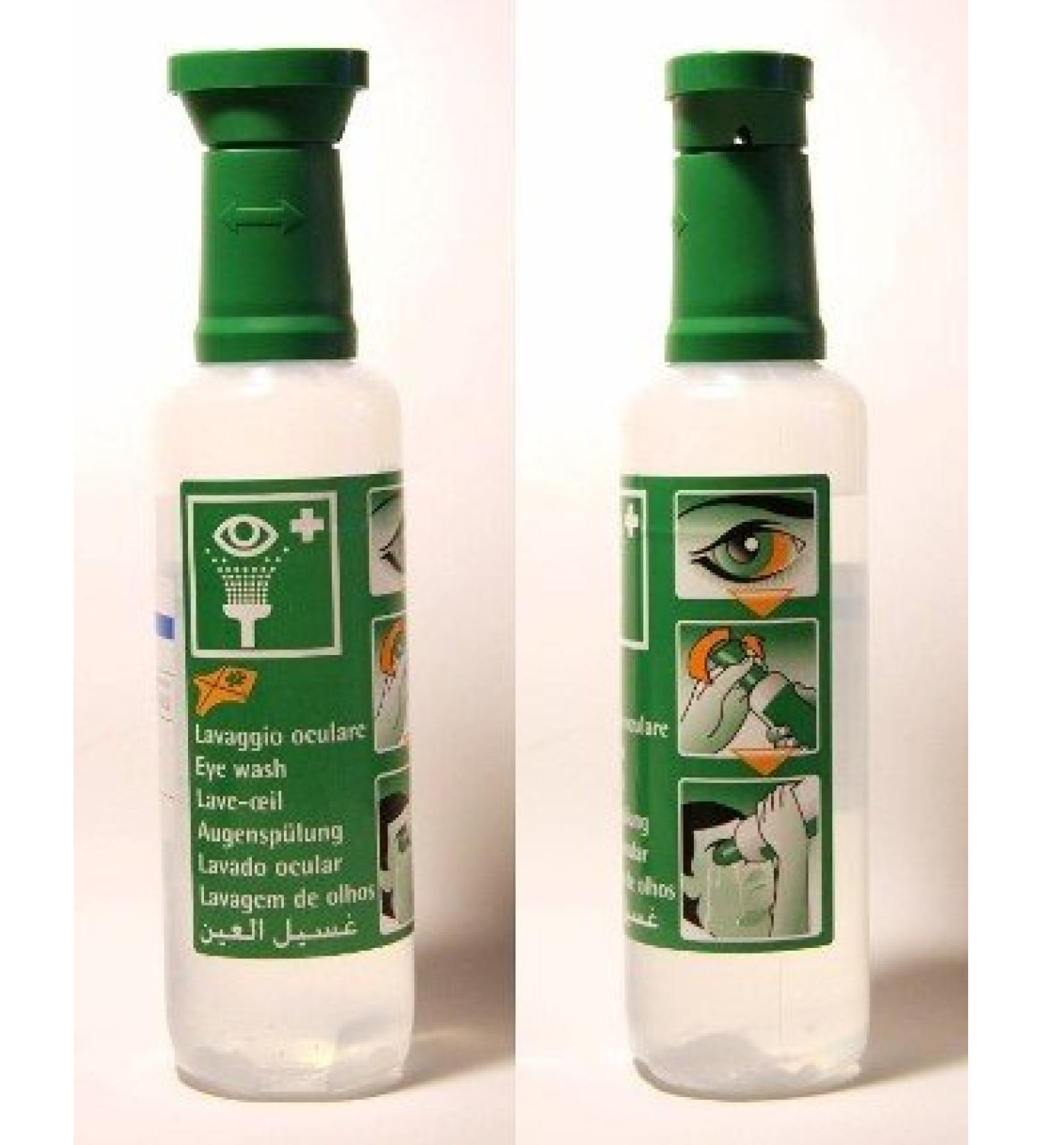 Eyewash bottle 500 ml NaCl solution - with shaped eye bowl and dust cover