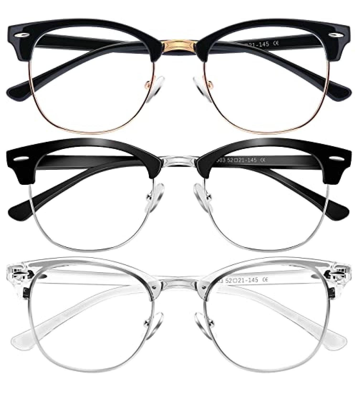 BOSSWIN Blue Light Blocking Glasses 3 Pack for Women/Men - Fashion Round Half Frame - Computer Game Reading TV Glasses - A1-bright Black Gold + Sand Black Silver + Transparent Silver Edge - Buy Online on GoSupps.com