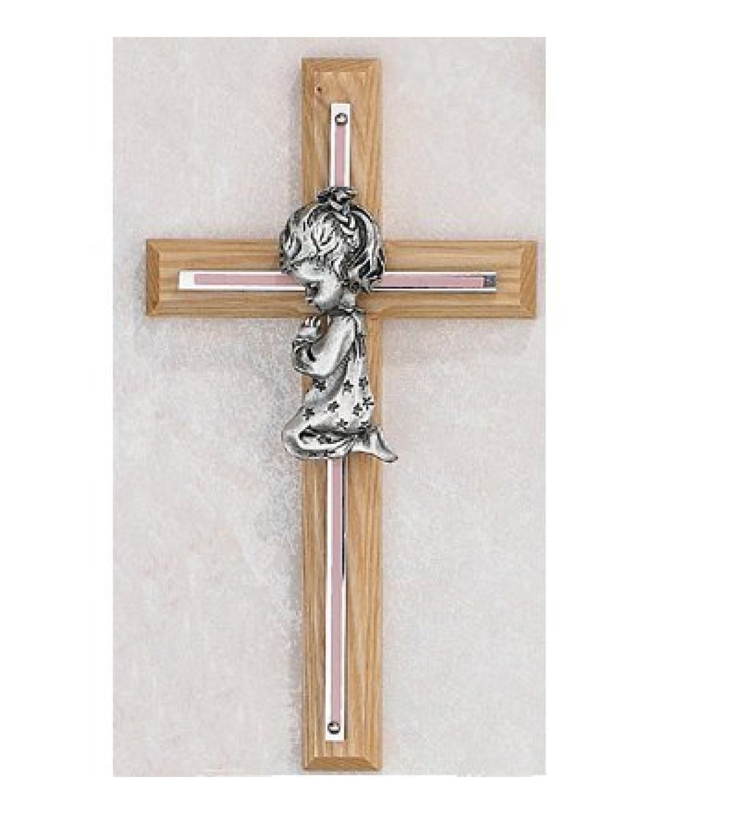7" PINK OAK GIRLS WALL CROSS BABY INFANT CHRISTENING BAPTISM SHOWER