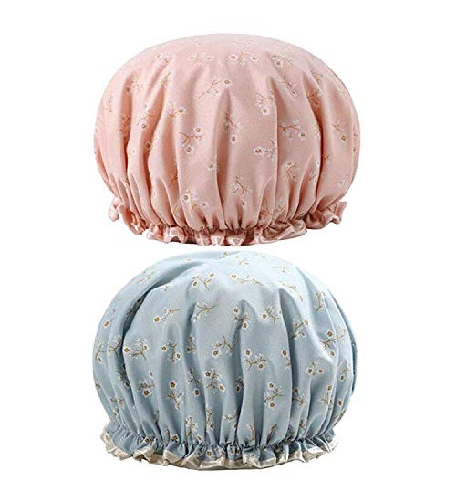 G2PLUS 32CM Large Shower Caps 2PCS Reusable Bath Caps for Women | Elastic Shower Hats for Long Hair | Double Layers Bath Hats for Adults | Pink and Blue - Buy Online on GoSupps.com