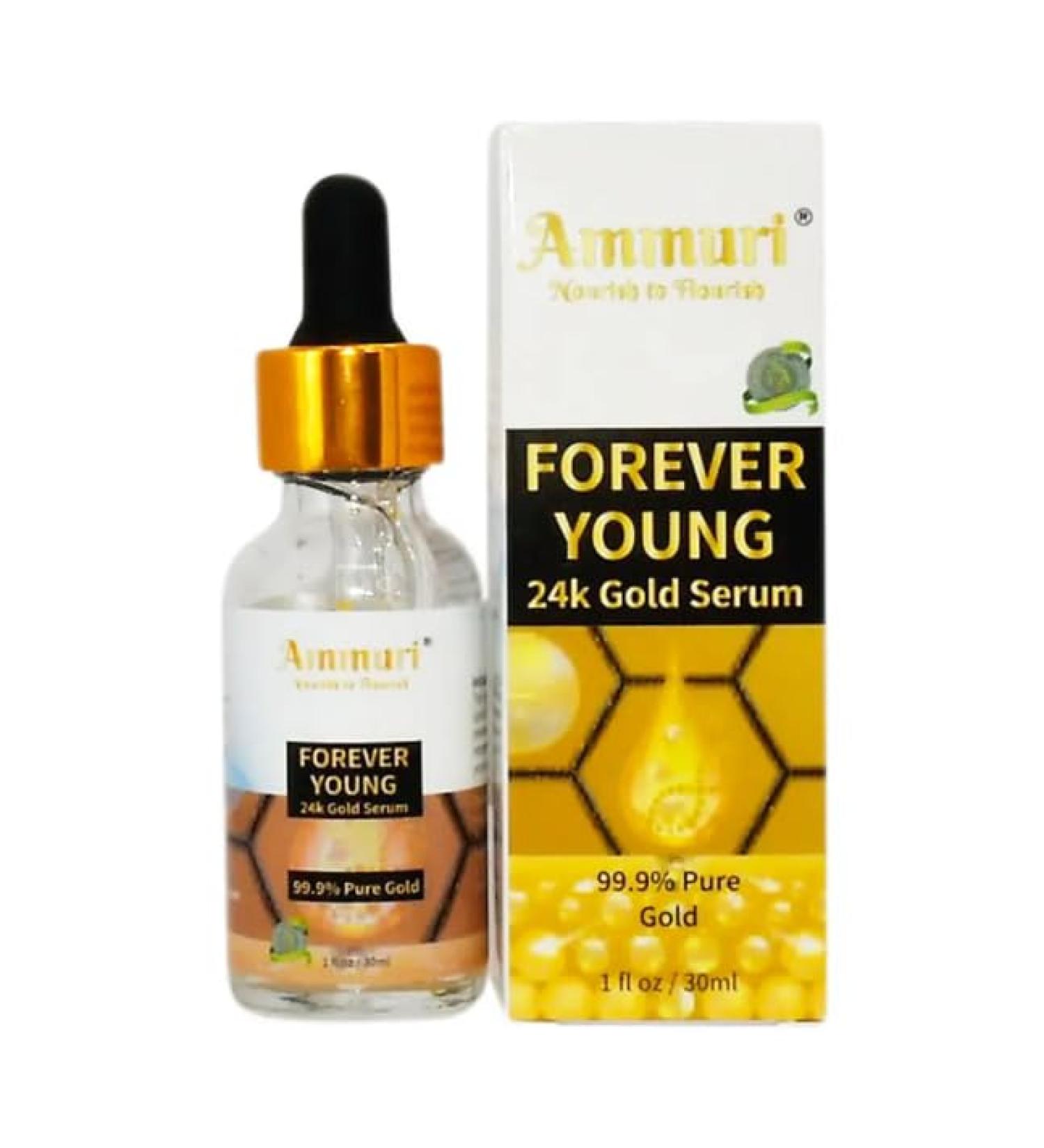 Ammuri Forever Young 24K Gold Serum antiaging antiwrinkles collagen hydrating skin care serum fights pigmentation uneven skin tone and dark circles 30 ml - Buy Online on GoSupps.com